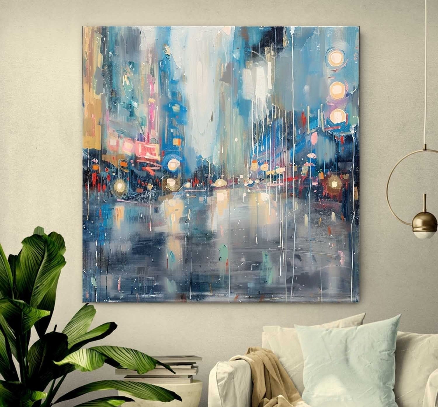 Wall Art Glowing City Lights Rainy Street