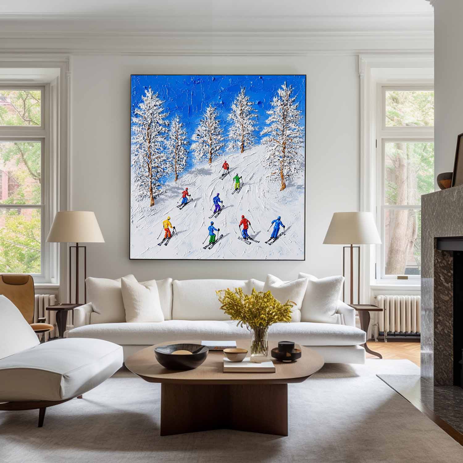 Colorful Skiing Mountain Scene Canvas Wall Art
