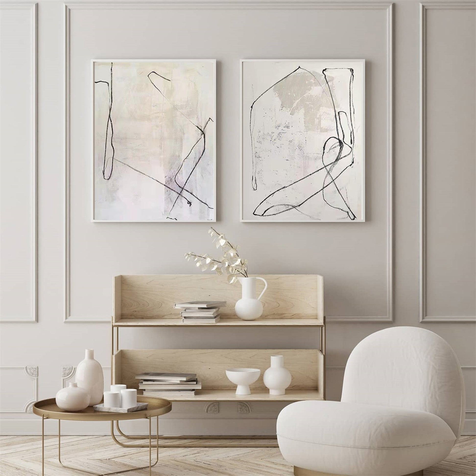 Minimalist Neutral Line Drawing Diptych Wall Art
