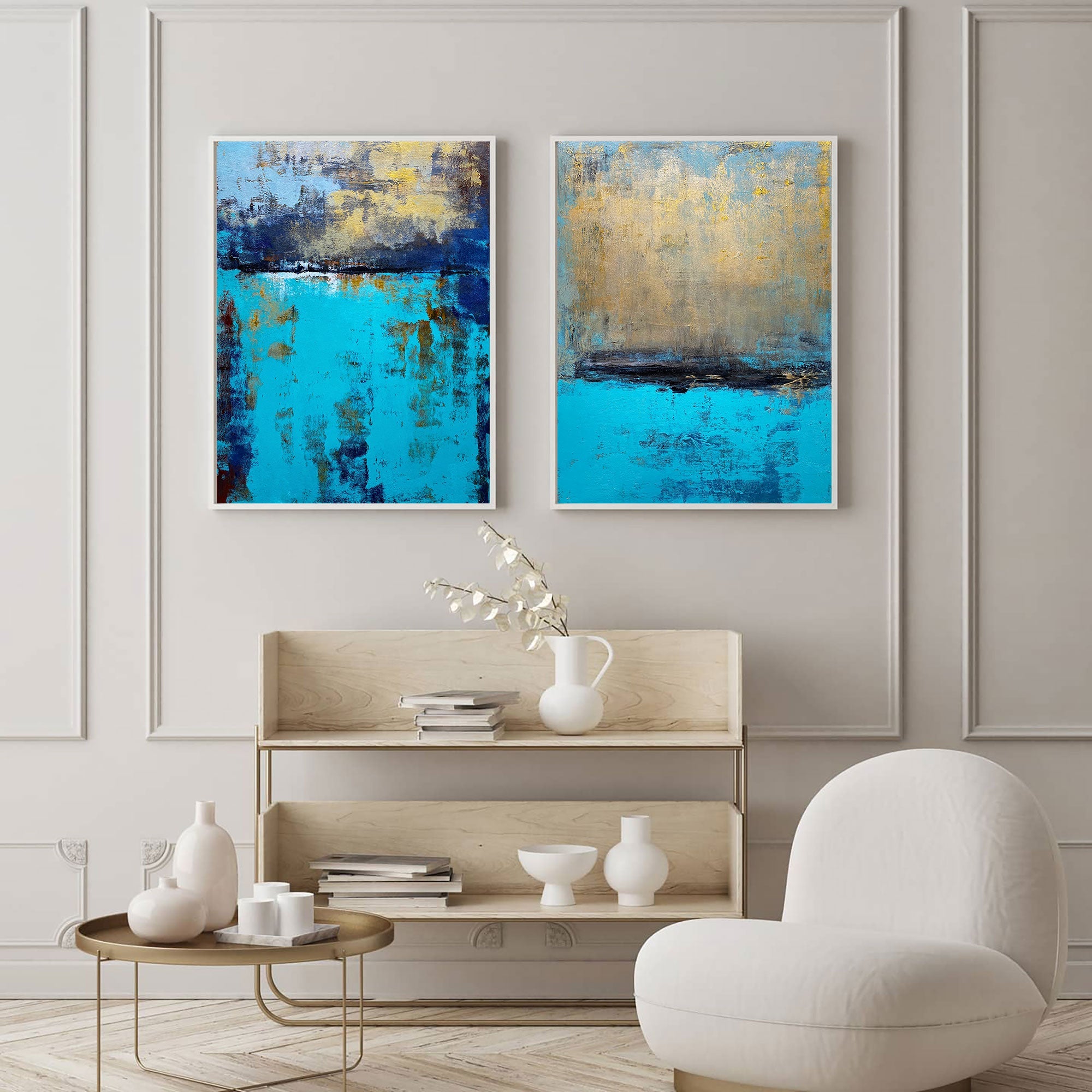 Turquoise‑Gold‑Navy Vertical 2‑Panel Impasto‑Textured Artwork