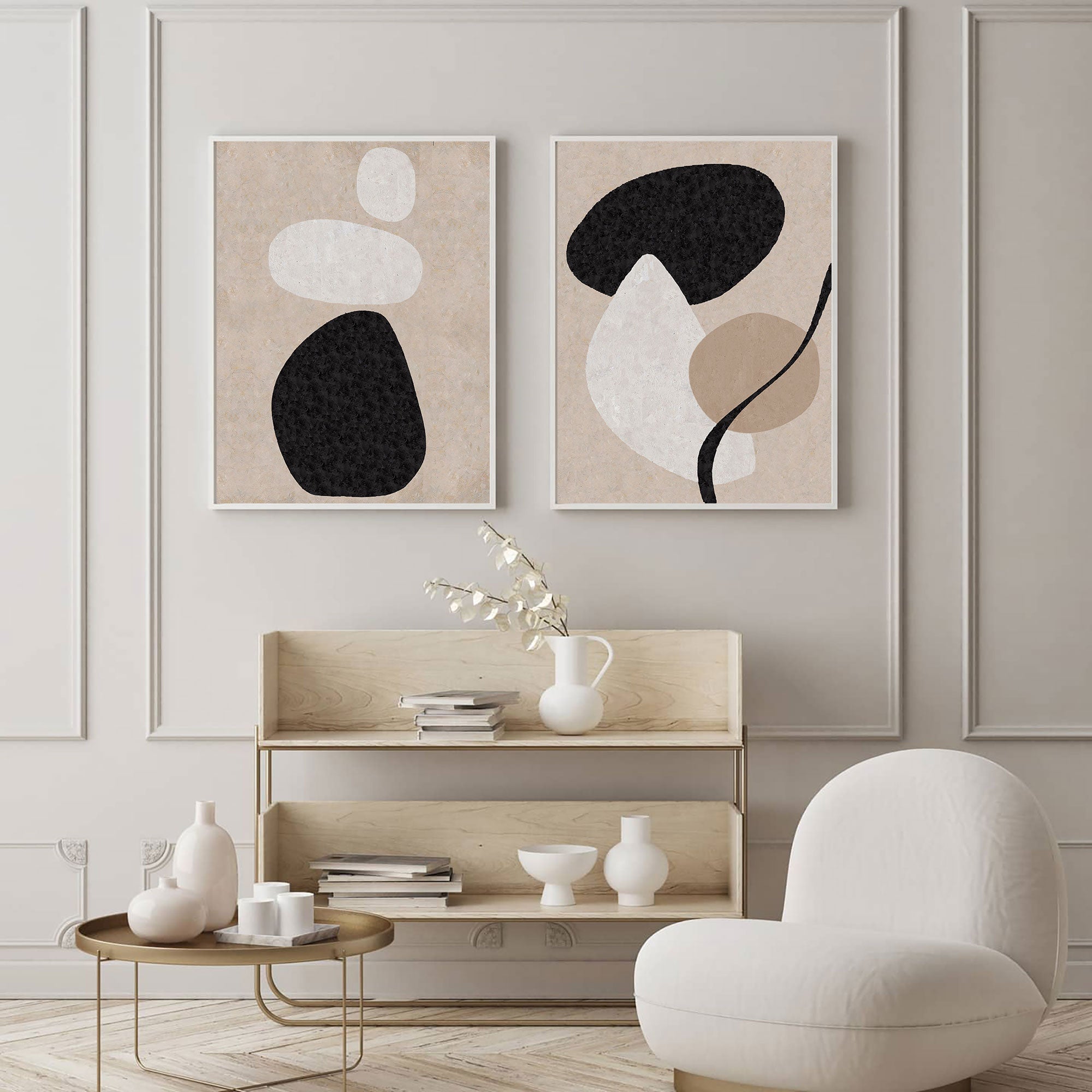 Beige Black Organic Shape Abstract Diptych