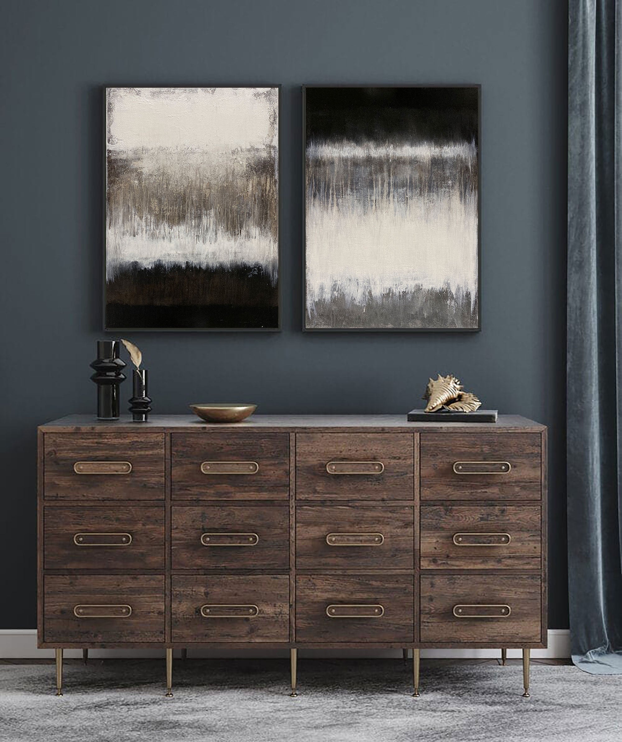 Black‑White‑Taupe Vertical 2‑Panel Gradient‑Textured Artwork