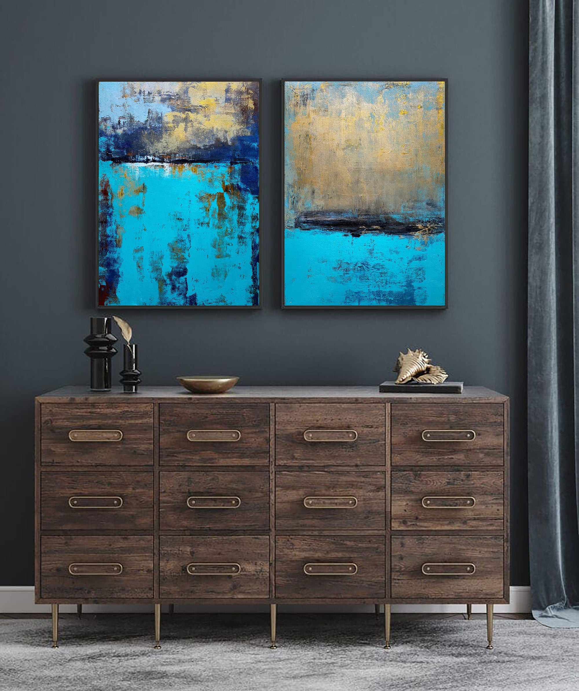 Turquoise‑Gold‑Navy Vertical 2‑Panel Impasto‑Textured Artwork