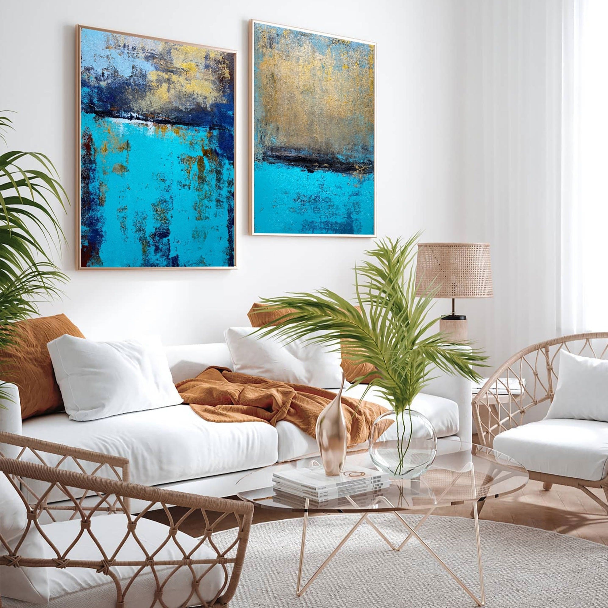 Turquoise‑Gold‑Navy Vertical 2‑Panel Impasto‑Textured Artwork