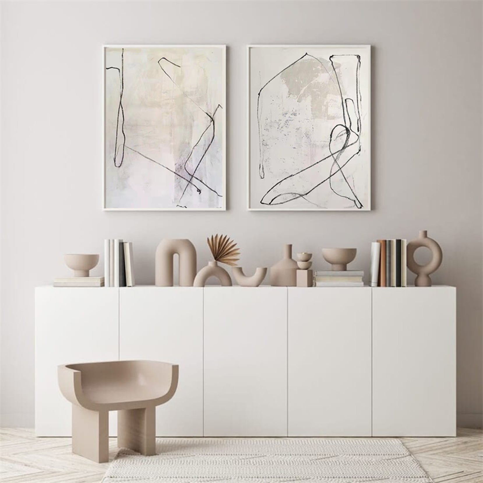 Minimalist Neutral Line Drawing Diptych Wall Art