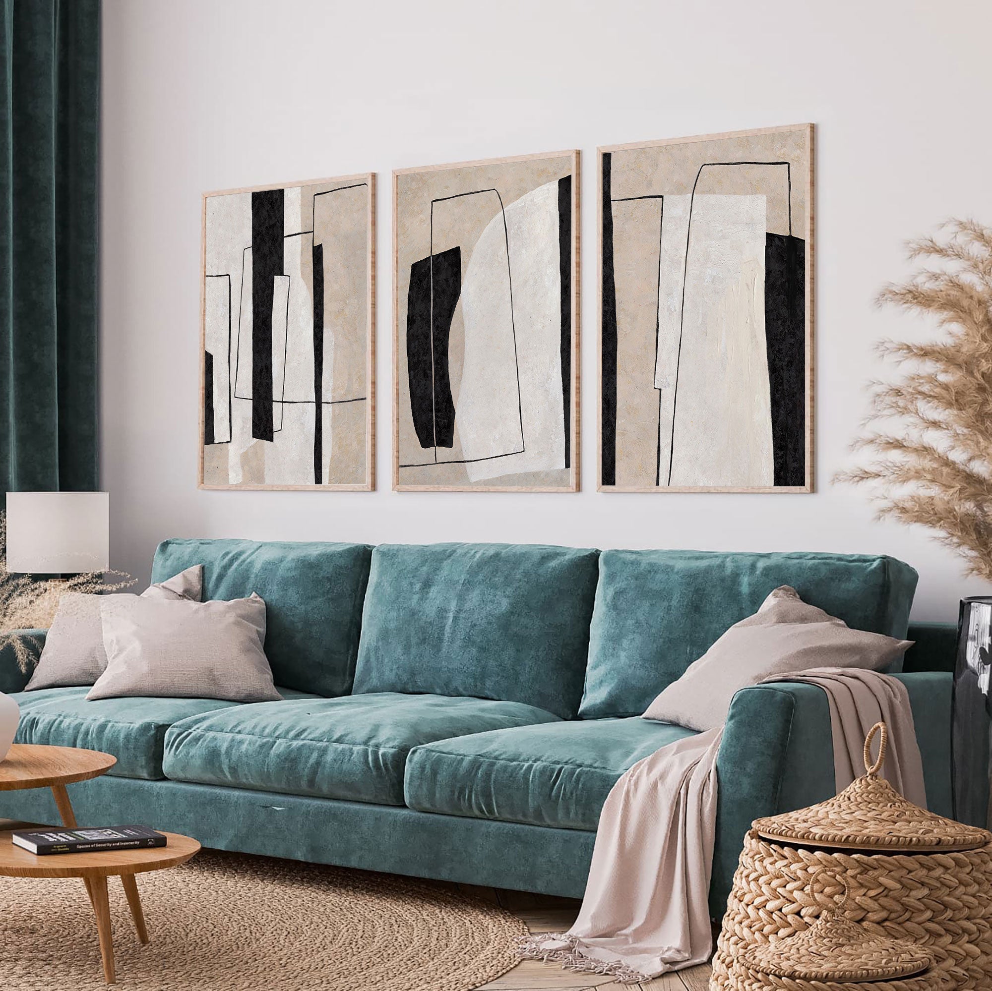 Beige Black Geometric Abstract Triptych Art