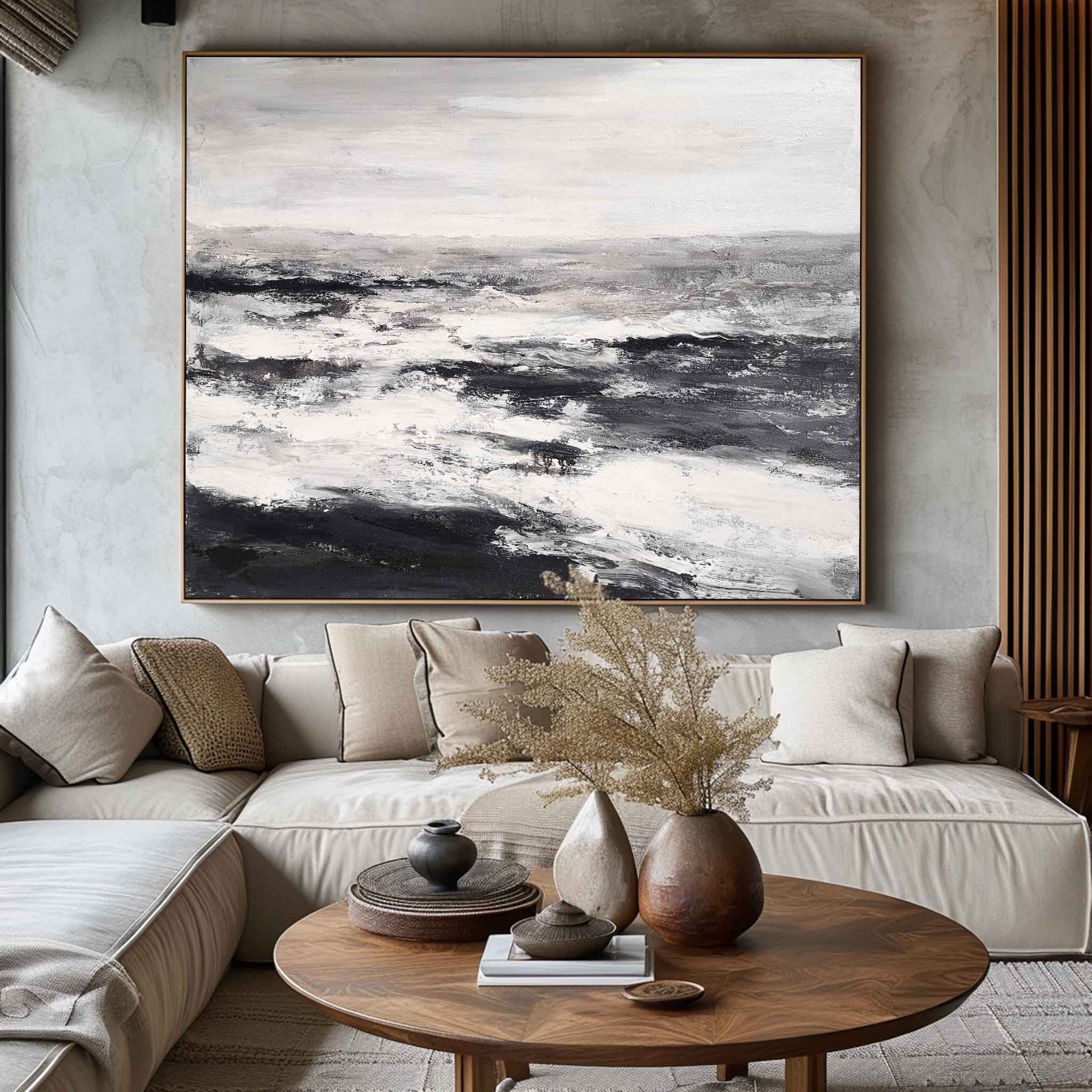 Monochrome Ocean Abstract Thick Impasto Wave Textured Artwork