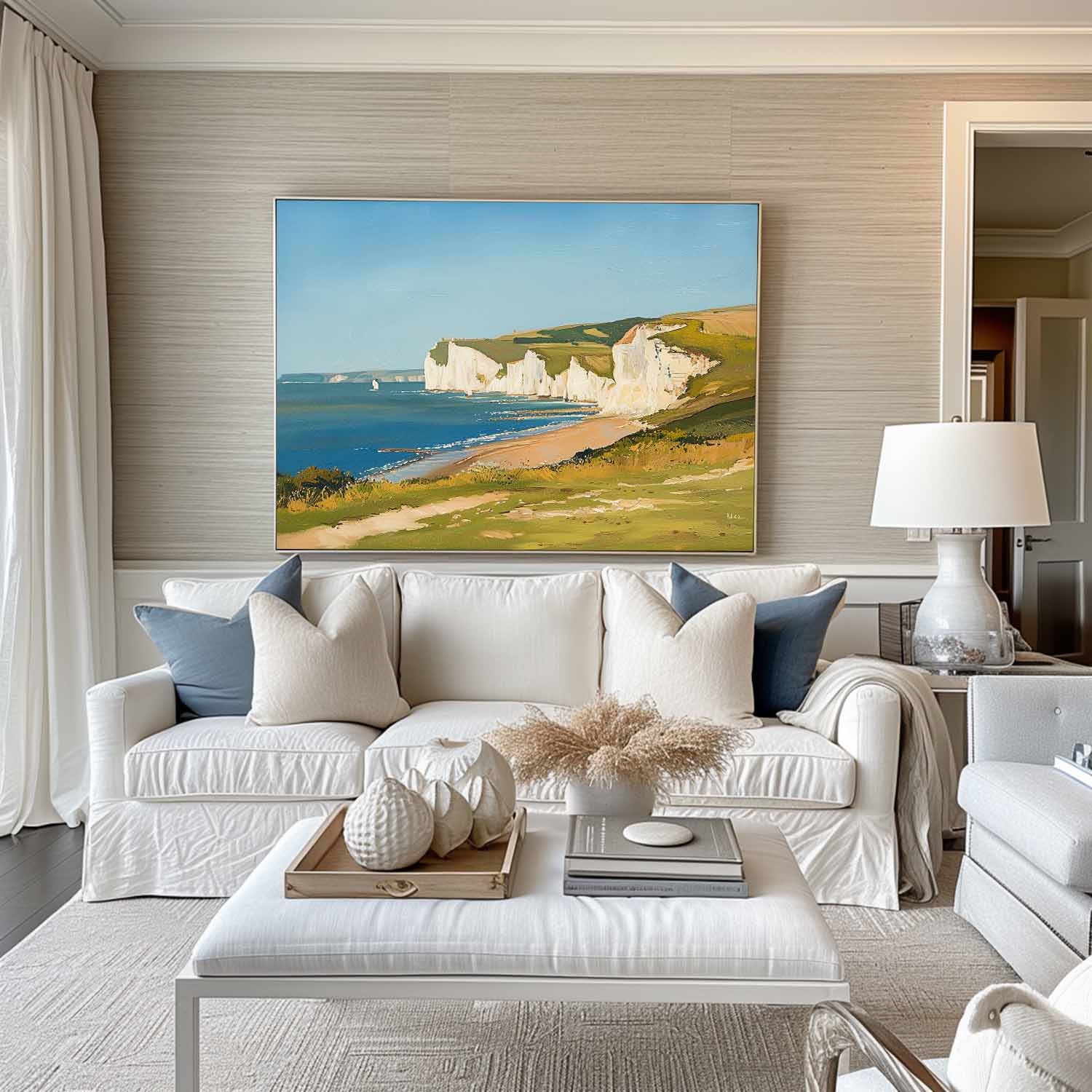 Seaside White Chalk Cliff Landscape Natural Scenery Brush‑Textured Artwork