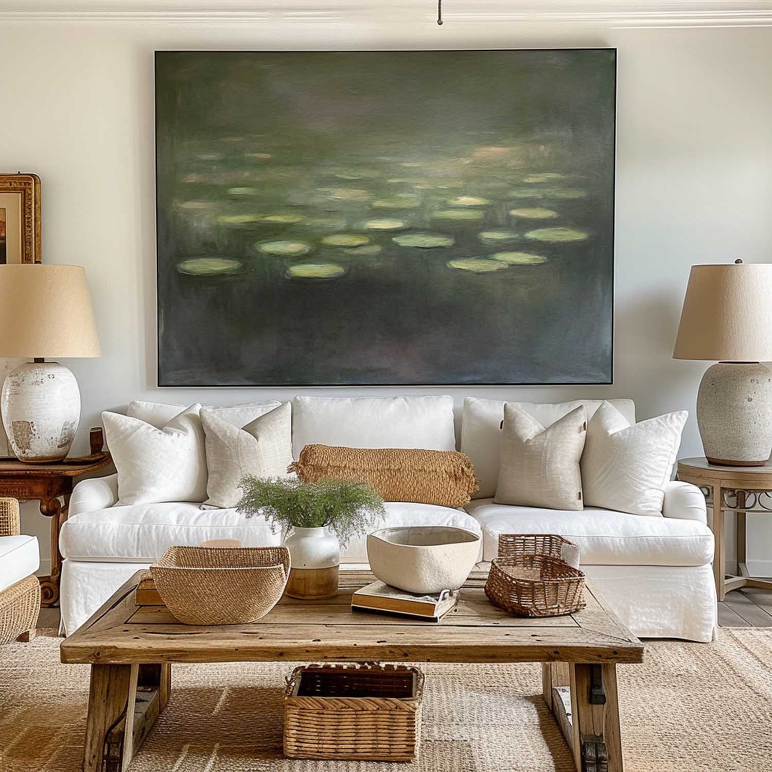 Wall Art Green Water Lilies Abstract Oil Texture Bedroom | Neutralighting
