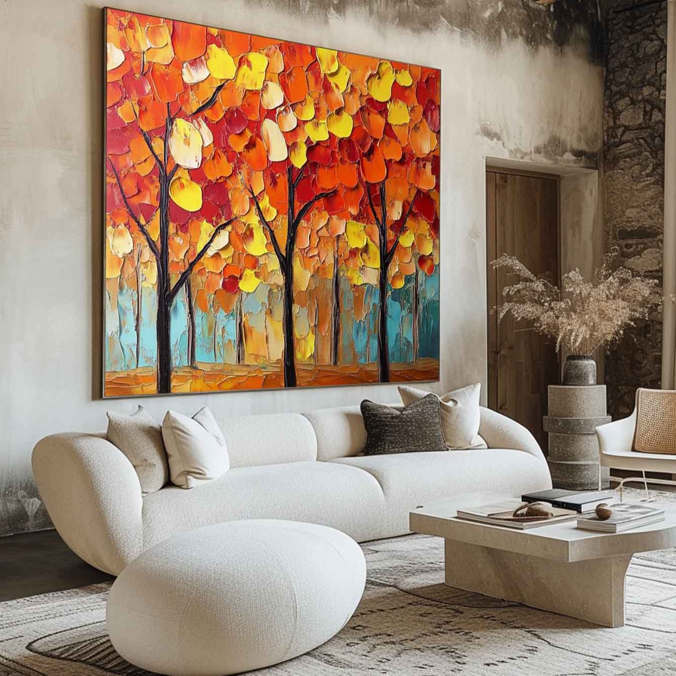 Crimson Trees Golden Fall Painting