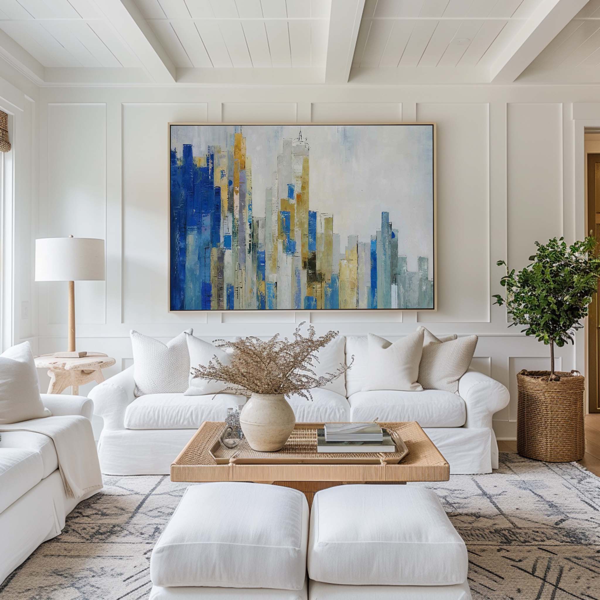 Abstract Urban Skyline Blue & Gold Architectural Layered Textured Artwork