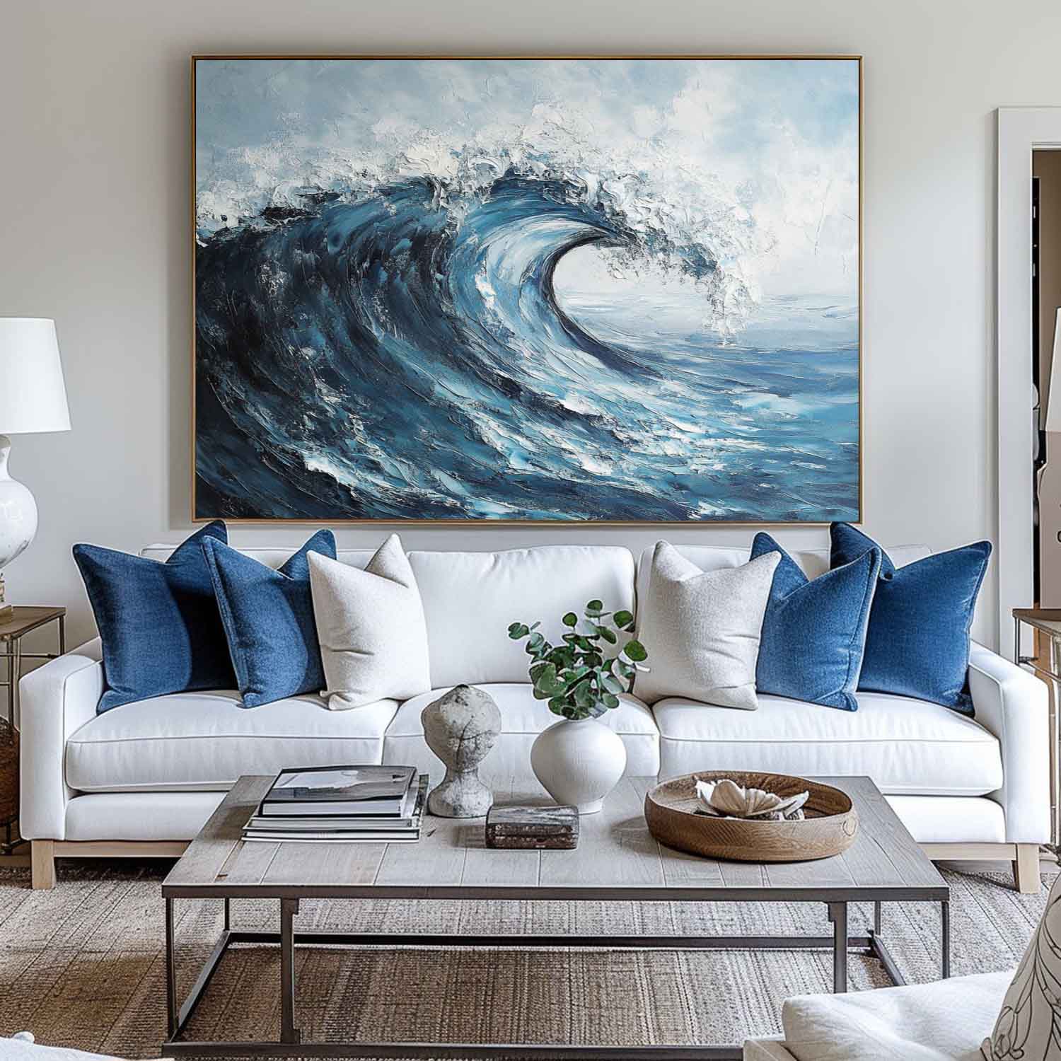 Powerful Curling Ocean Wave Seaside Scene Thick Impasto Textured Artwork