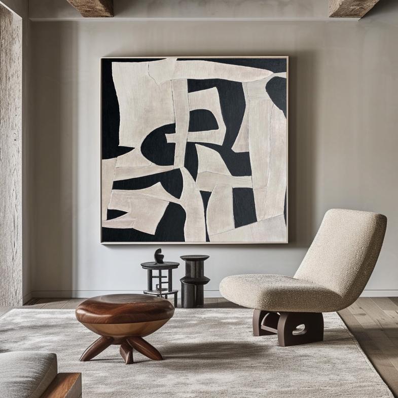 Ivory Black Organic Geometric Abstract Wall Art