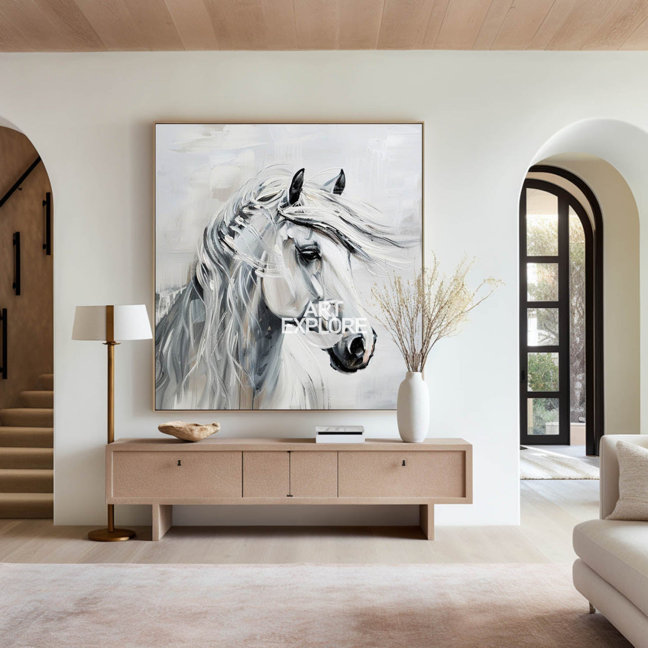 Elegant White Horse Portrait Canvas Wall Art