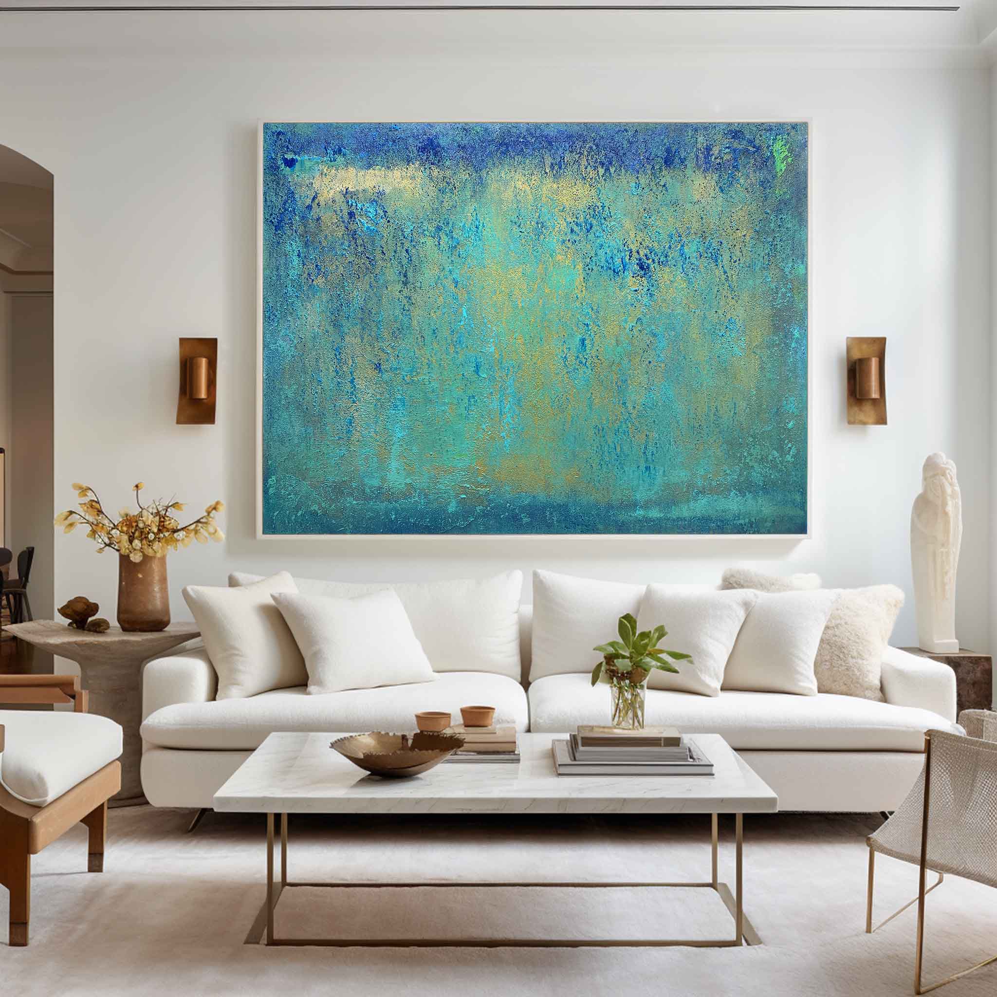 Turquoise Horizon Textured Abstract Unstretched Linen Canvas Wall Art