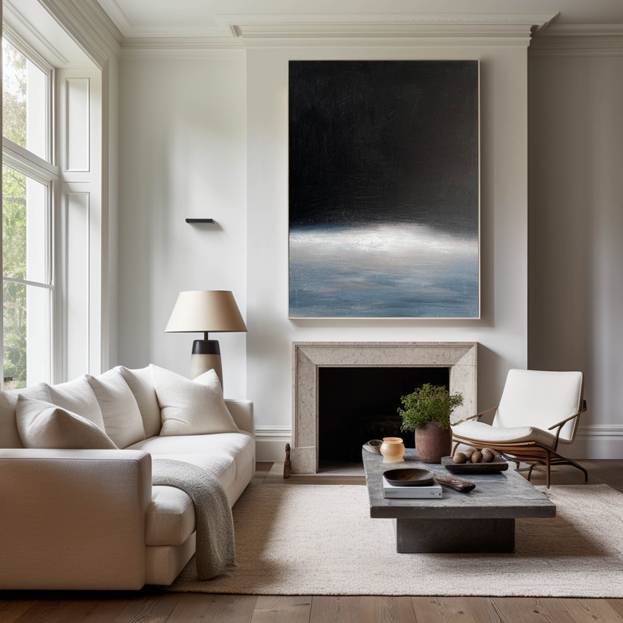 Dark Misty Ocean Horizon Abstract Linen Canvas Wall Decoration