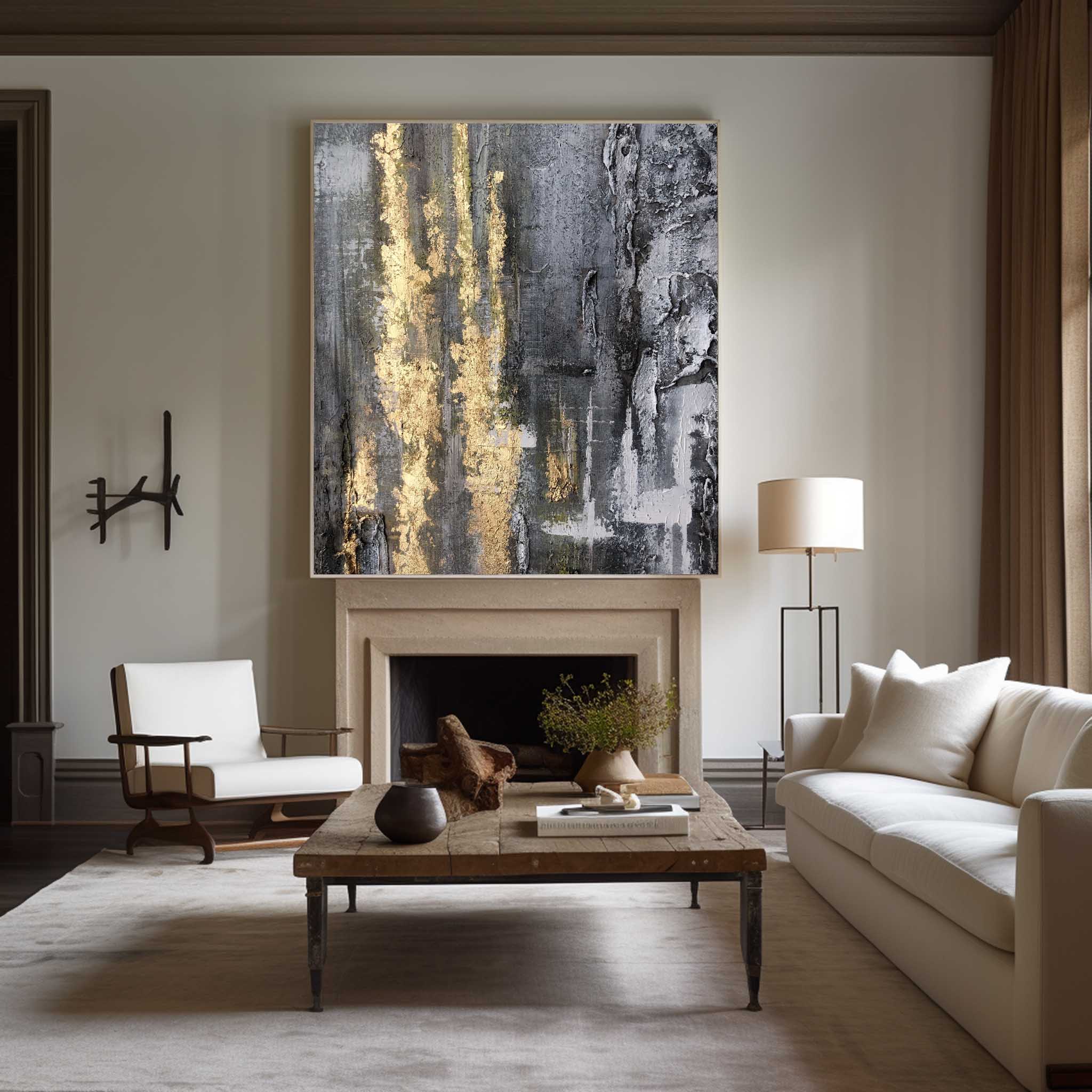 Black‑Grey Vertical Gold‑Foil Impasto Textured Abstract Artwork