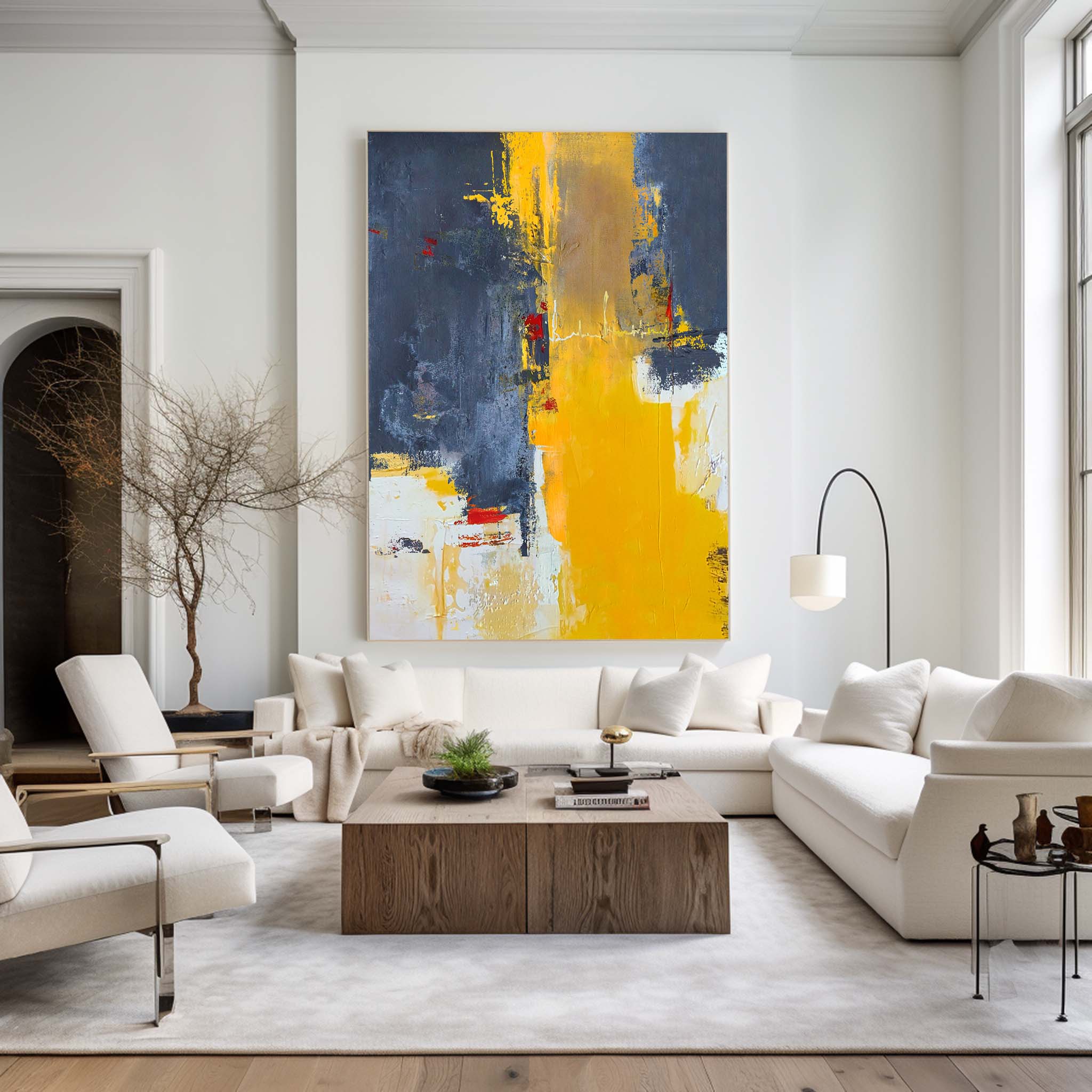 Bold Yellow‑Grey Abstract Vertical Canvas Art
