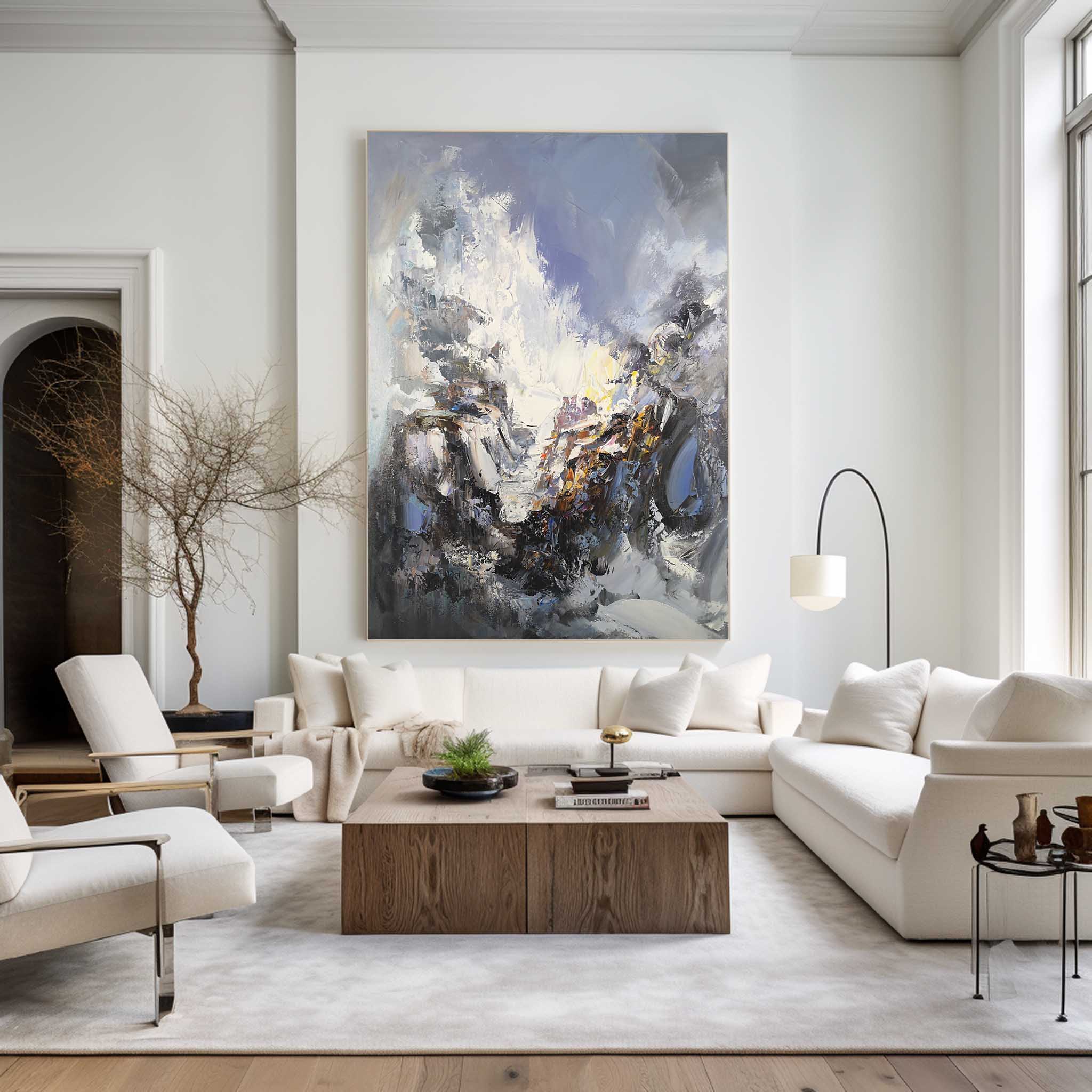 Blue‑White‑Gold Mountain‑Landscape Abstract Heavy Impasto‑Texture Artwork