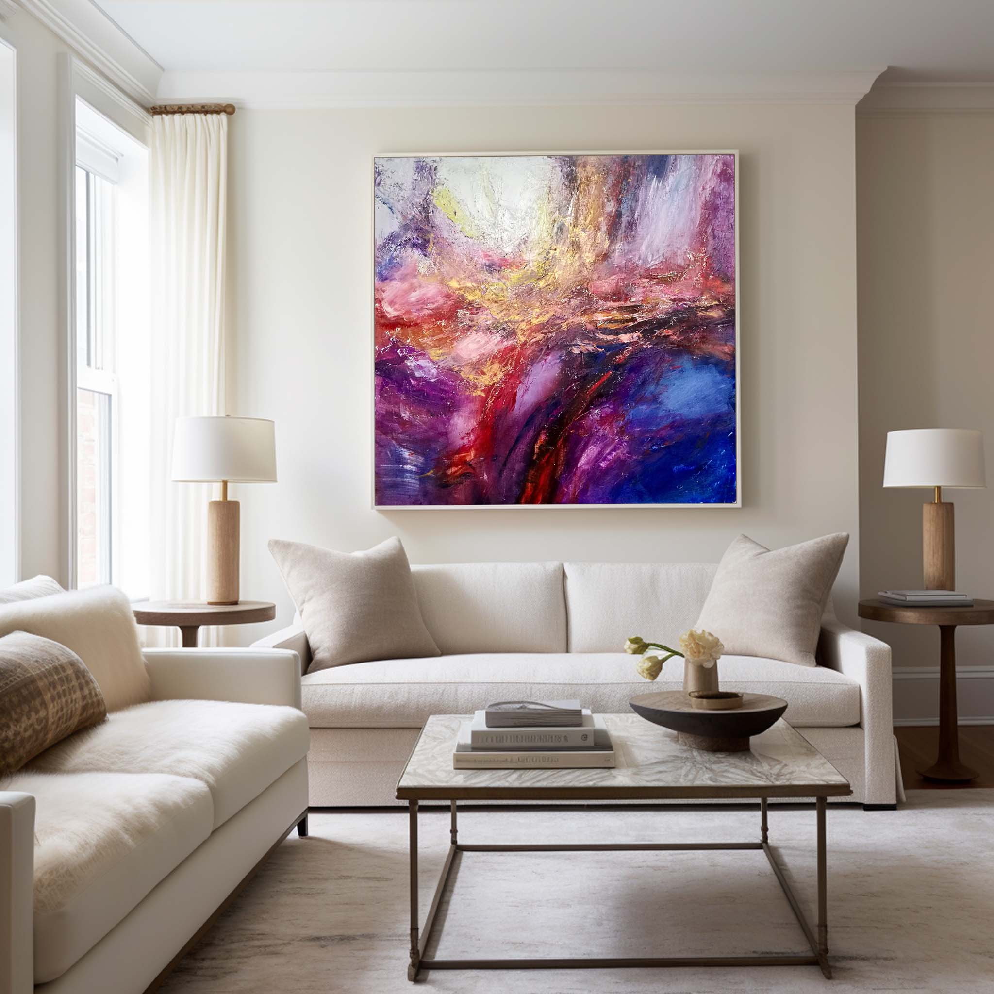 Purple‑Pink‑Gold Square Abstract Swirling Thick Impasto‑Texture Artwork