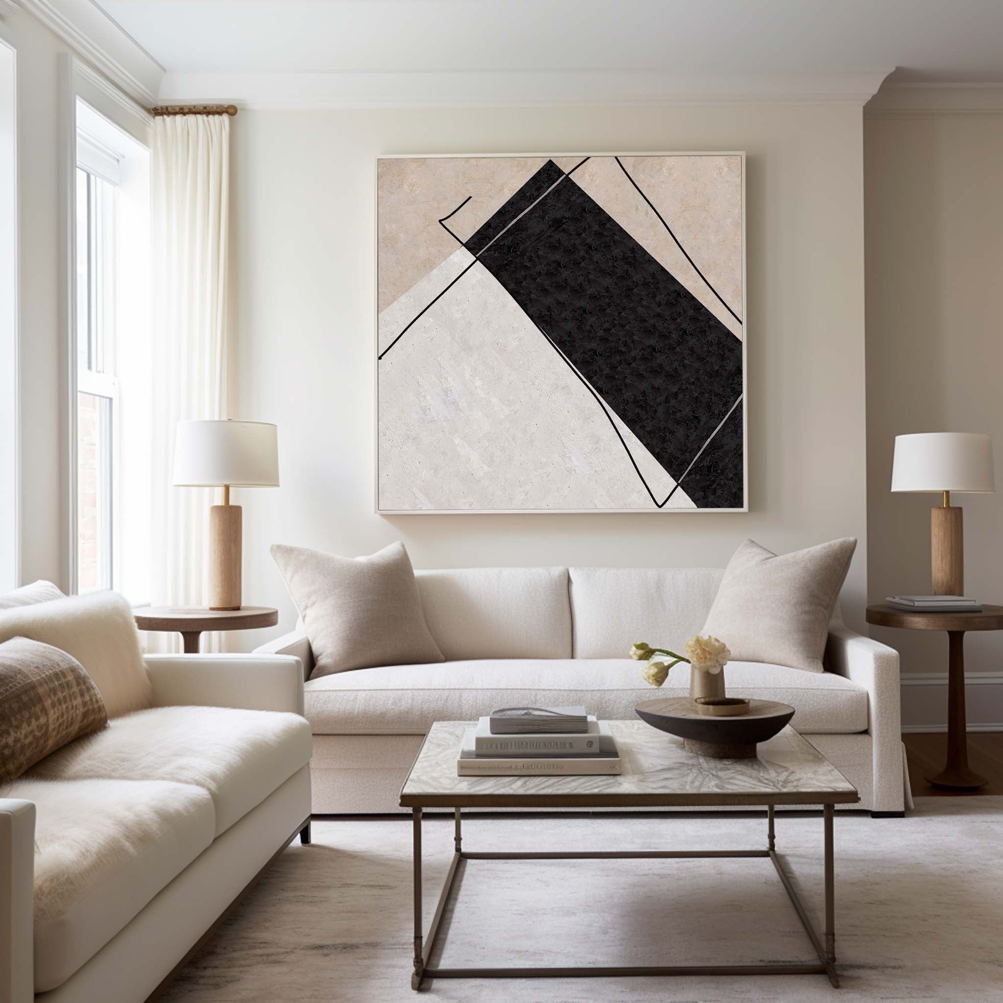 Abstract Black Beige Geometric Diamond Shape Painting