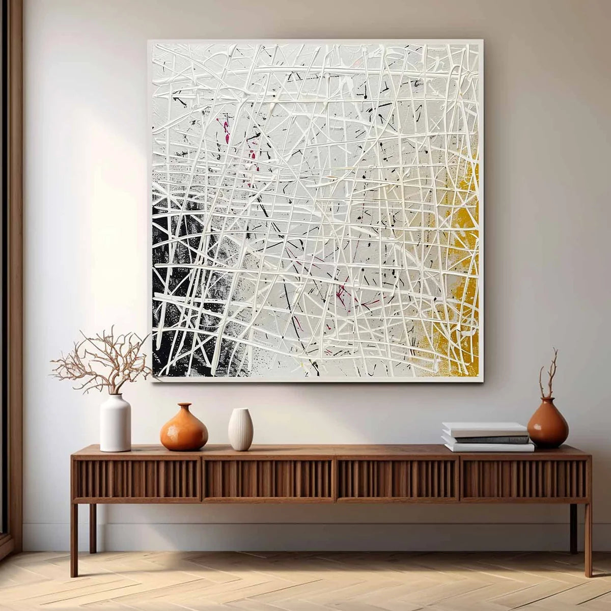 Tactile Neutral Oil Painting White Web-Lines Gold & Pink