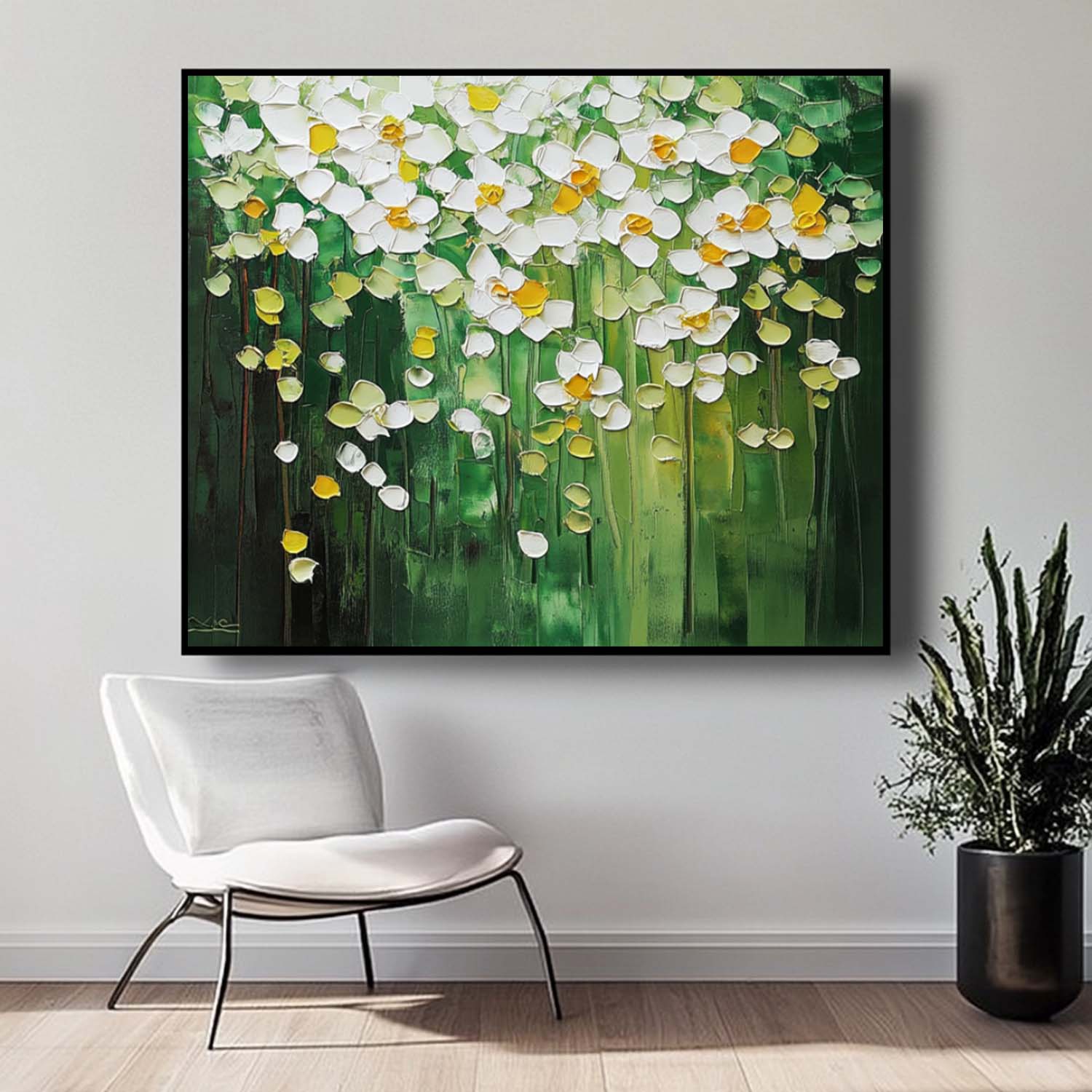 Lush Floral Canopy Oil Painting White Flowers Green