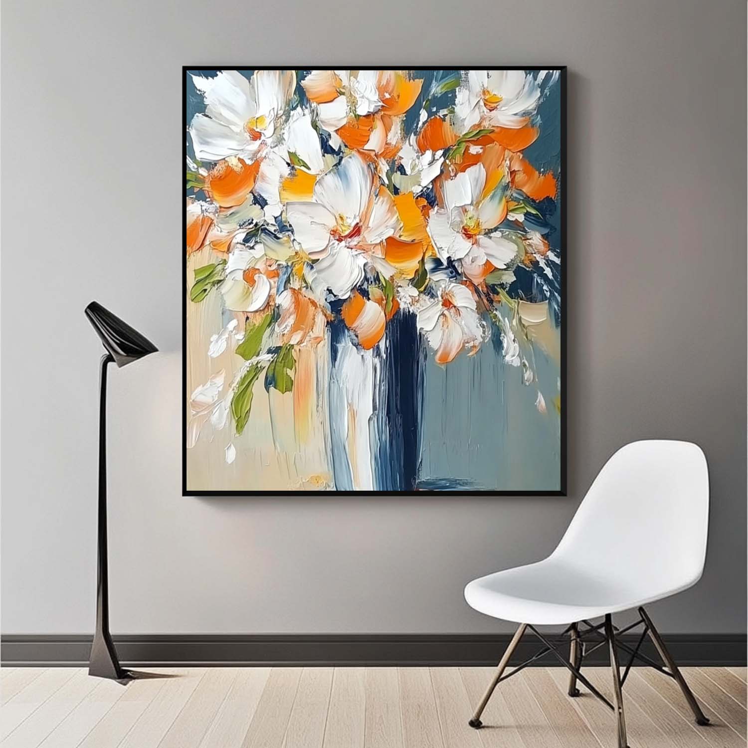 Vibrant Orange White Floral Bouquet Oil Painting