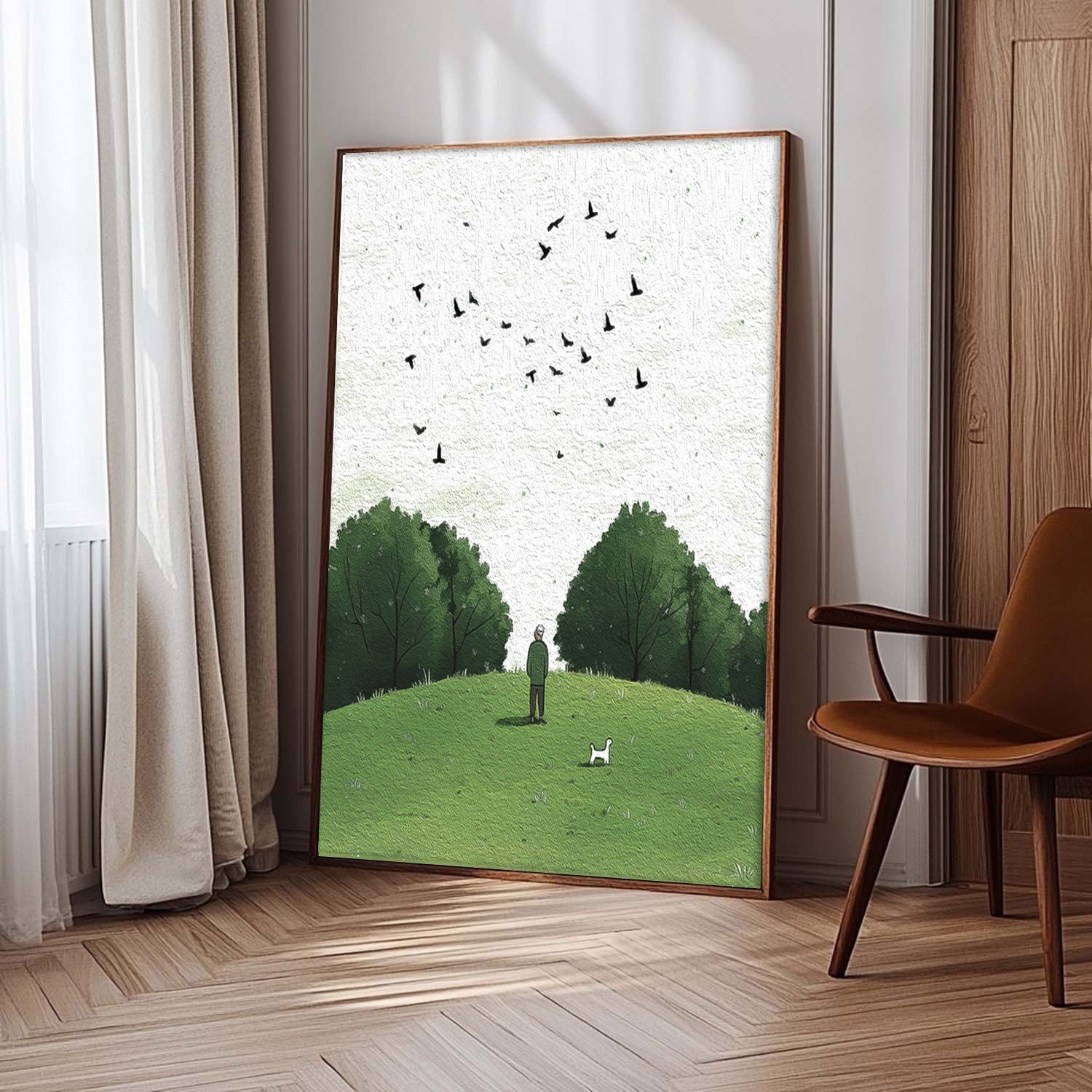 Tranquil Hilltop Moment Textured Art Print Man With Dog