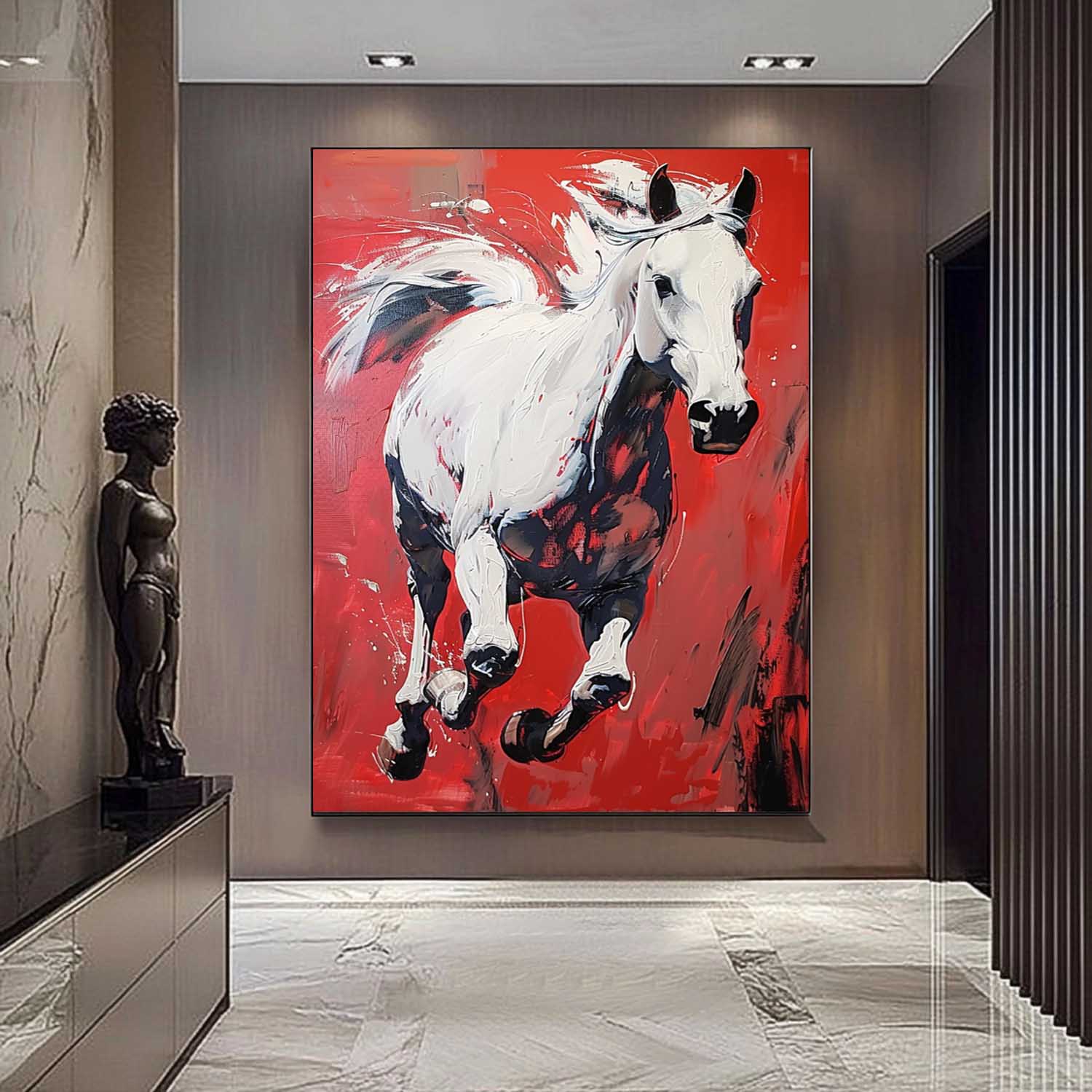 Dynamic White Horse Oil Painting Fiery Red