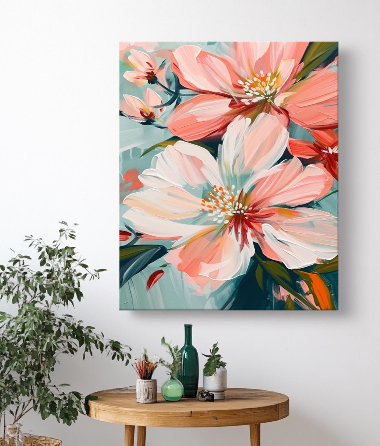 Blush Pink Floral Close Up Oil Painting Soft Teal