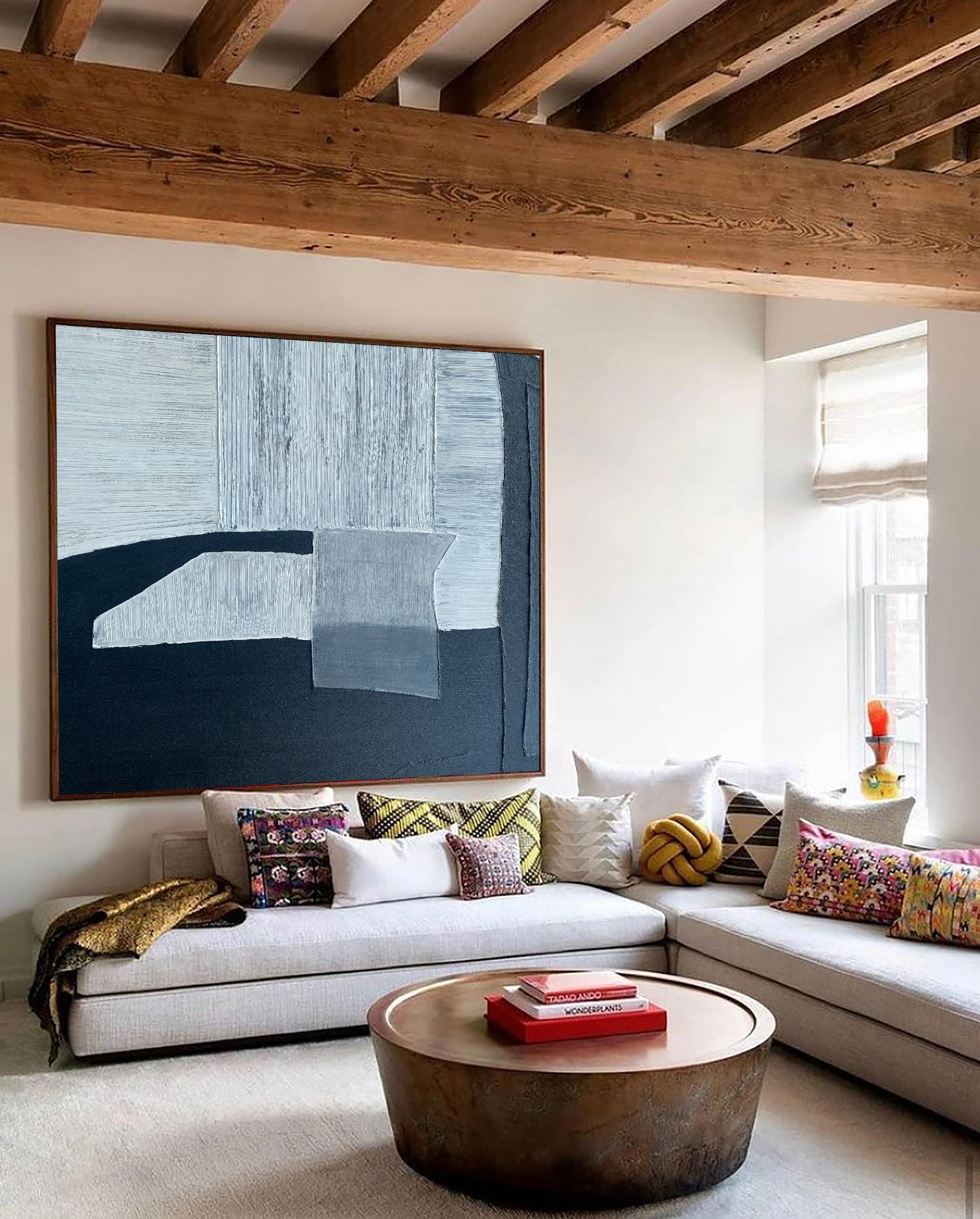 Navy‑Blue‑Grey Horizontal Block‑Shape Impasto‑Textured Artwork