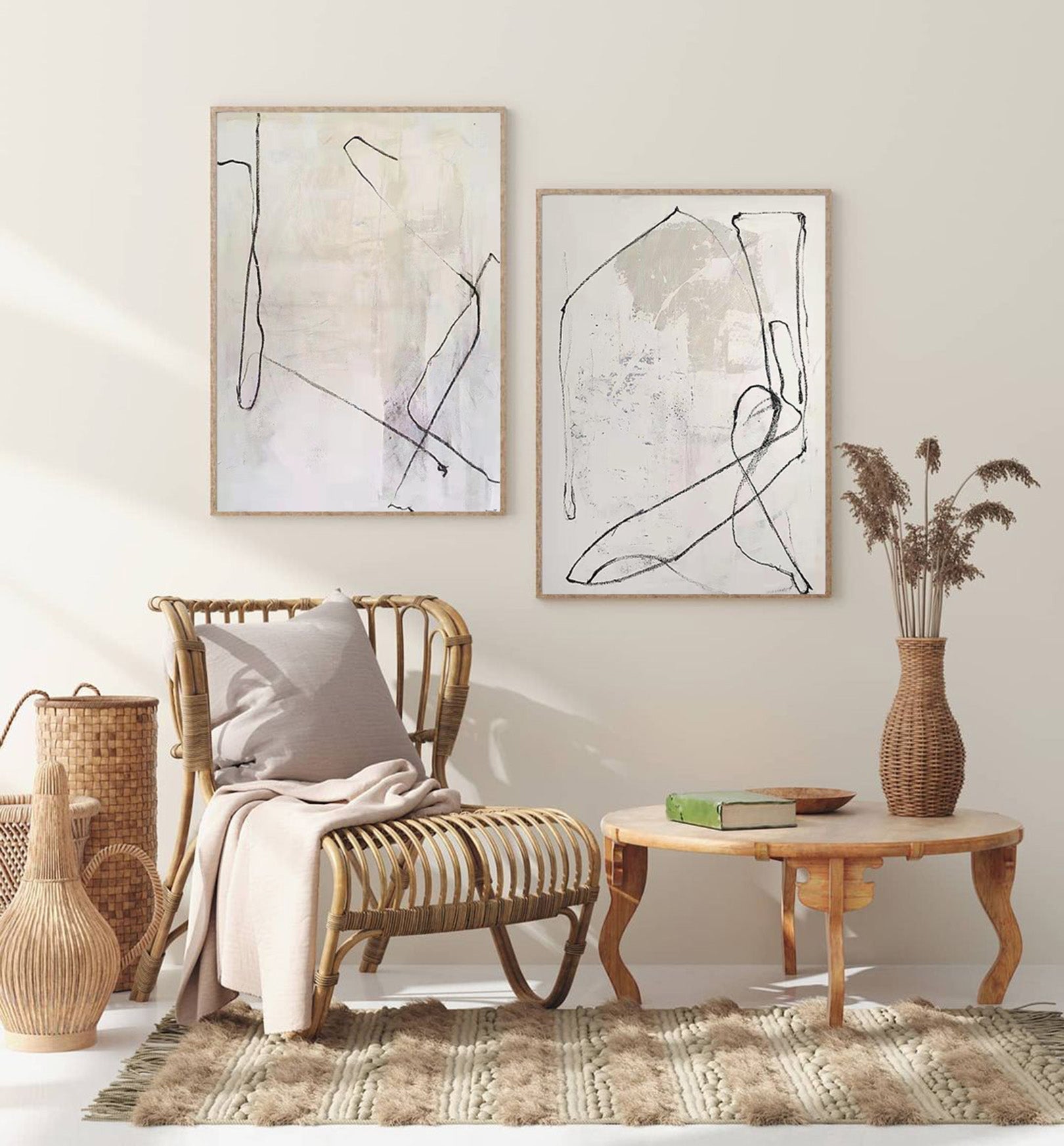 Minimalist Neutral Line Drawing Diptych Wall Art