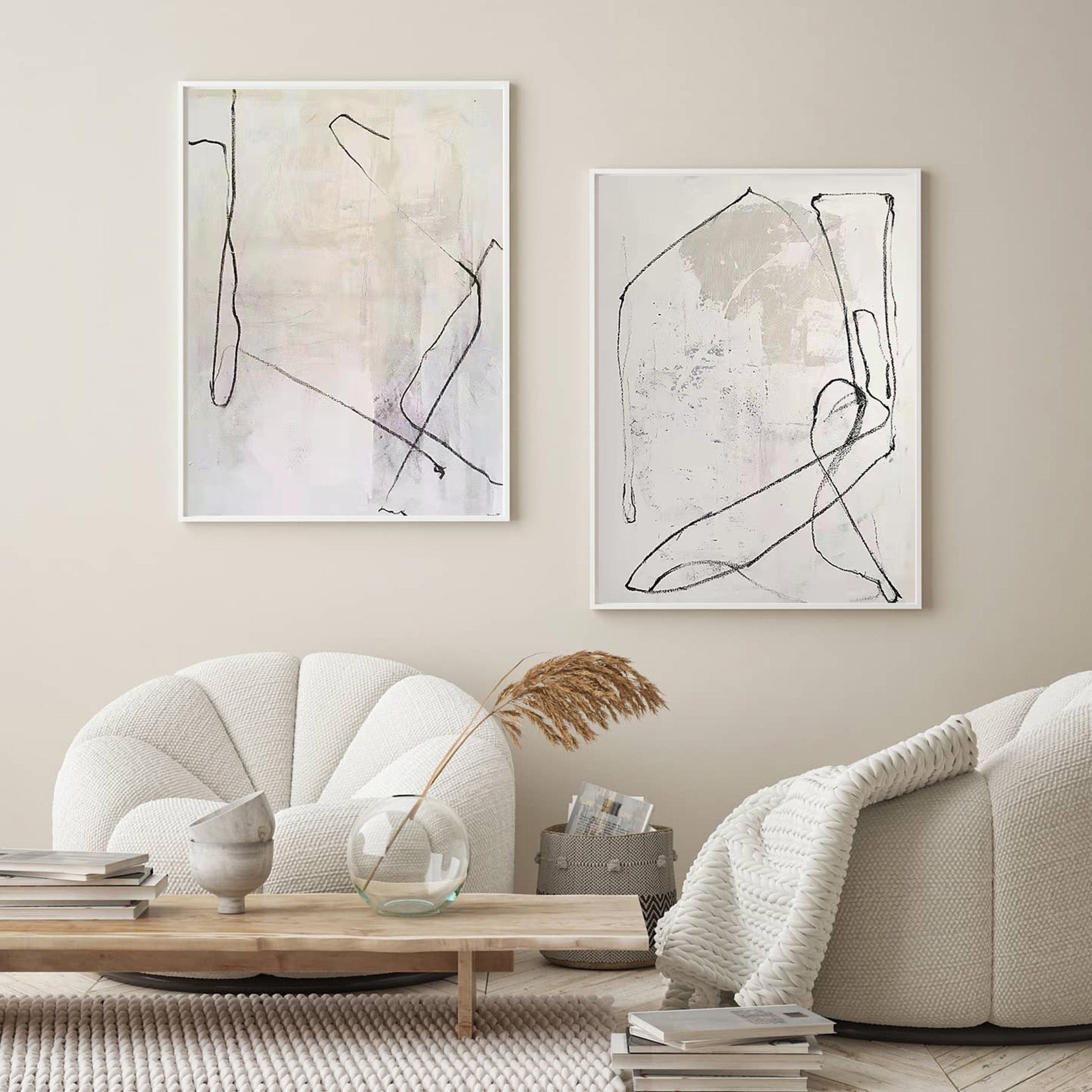 Minimalist Neutral Line Drawing Diptych Wall Art