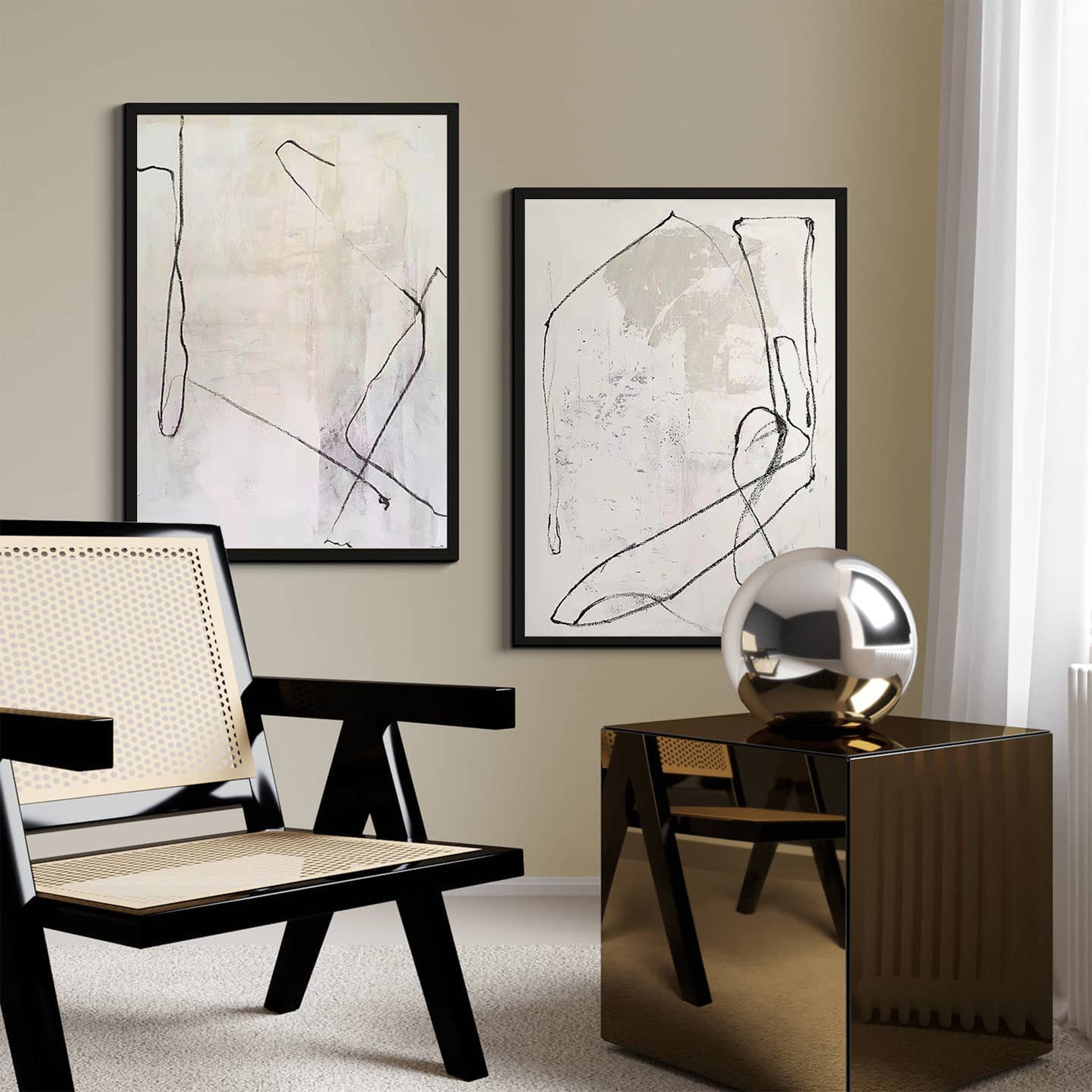 Minimalist Neutral Line Drawing Diptych Wall Art