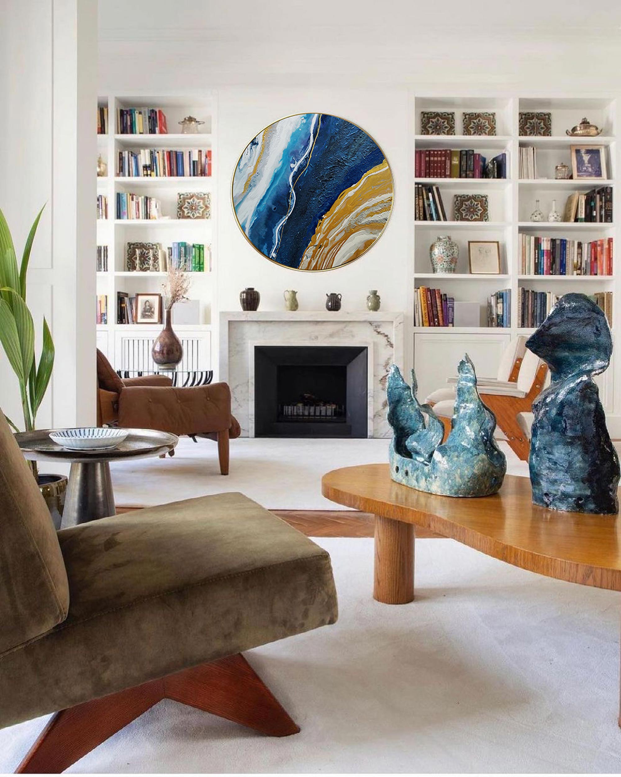 Wall Art Blue Gold Round Abstract Marble Modern Texture Living Room | Neutralighting