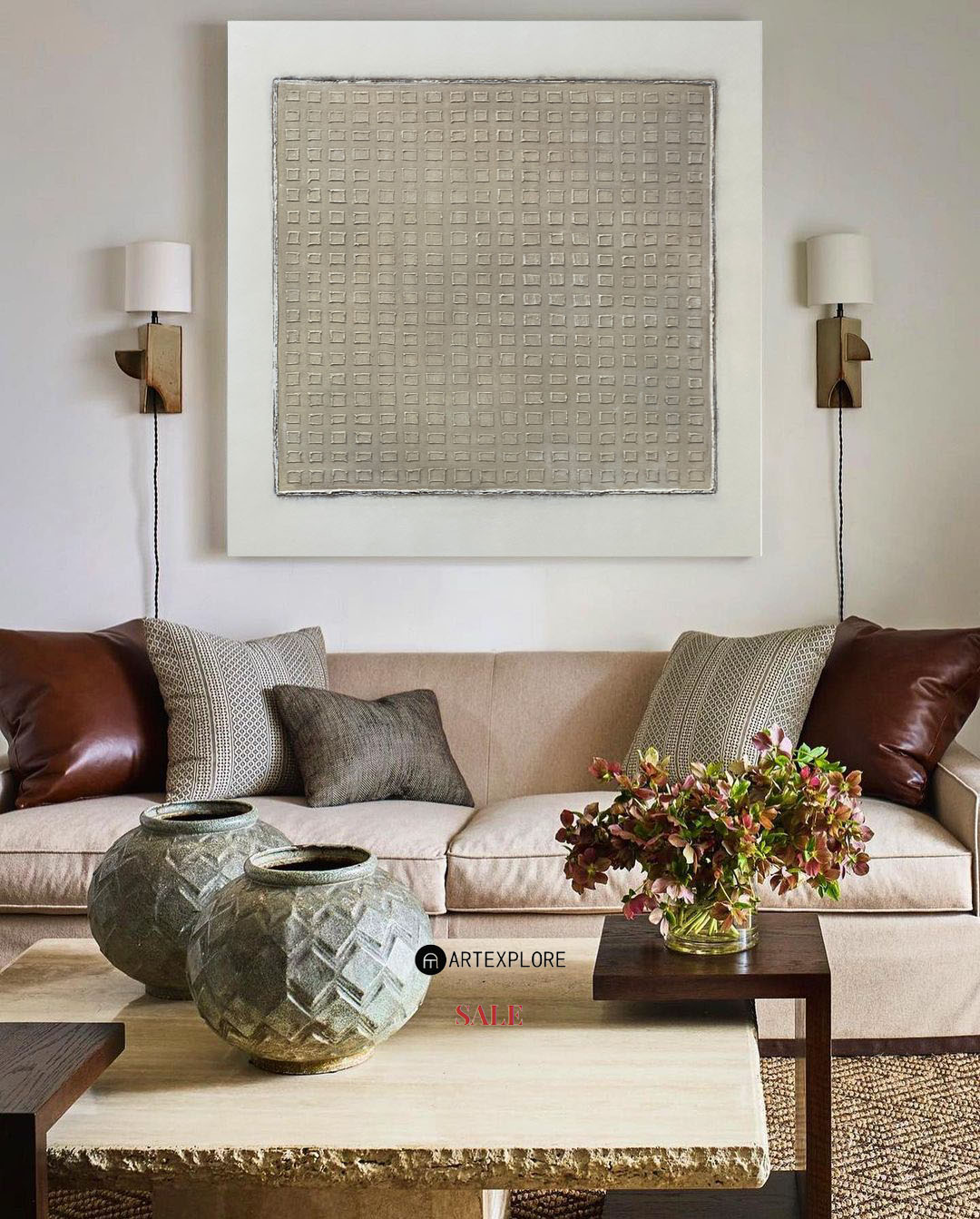 Burri Style Neutral Textured Square Canvas Art