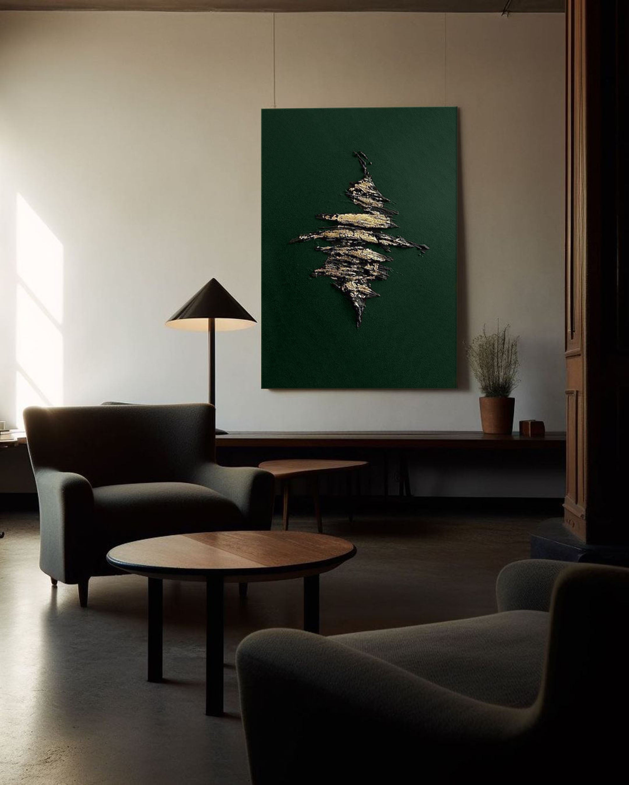Dark Green Metallic‑Gold Accent Abstract Heavy Raised‑Texture Artwork