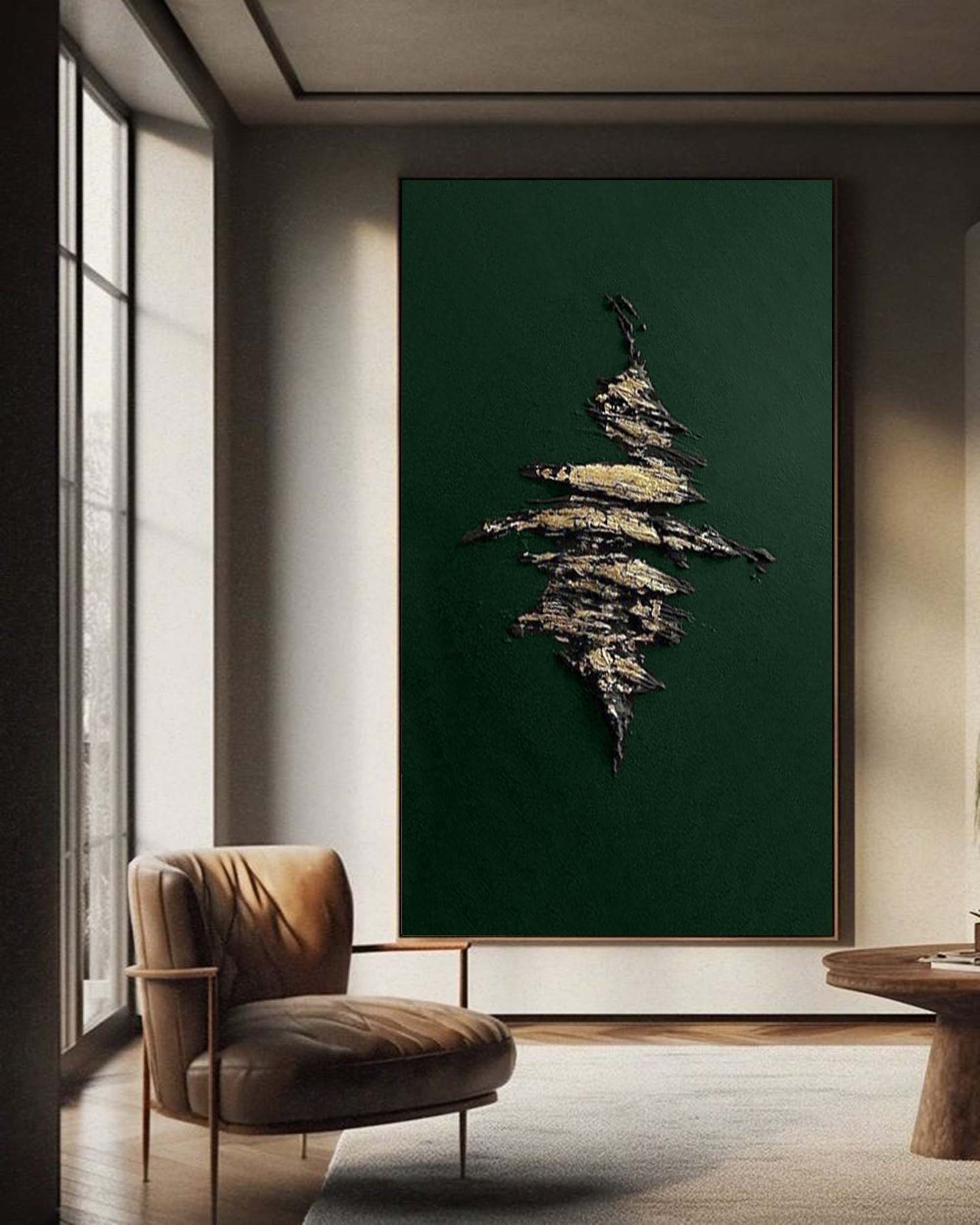 Dark Green Metallic‑Gold Accent Abstract Heavy Raised‑Texture Artwork