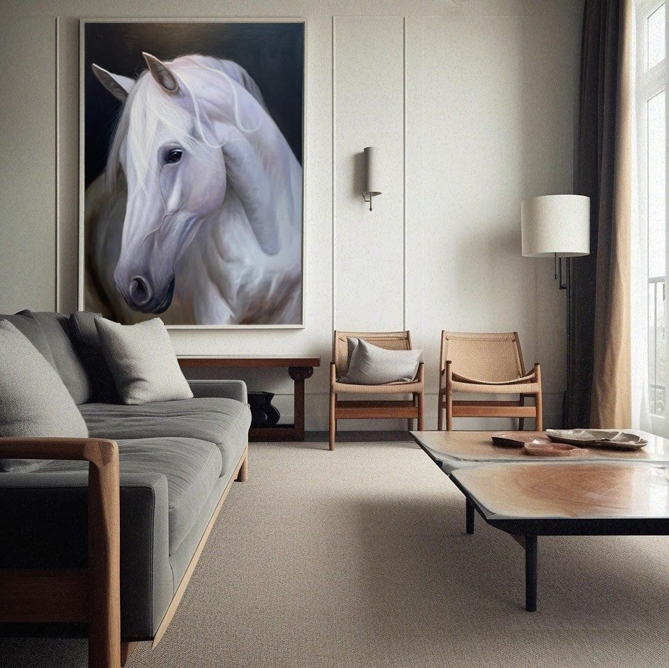 White Horse Portrait Oil Painting Wall Art