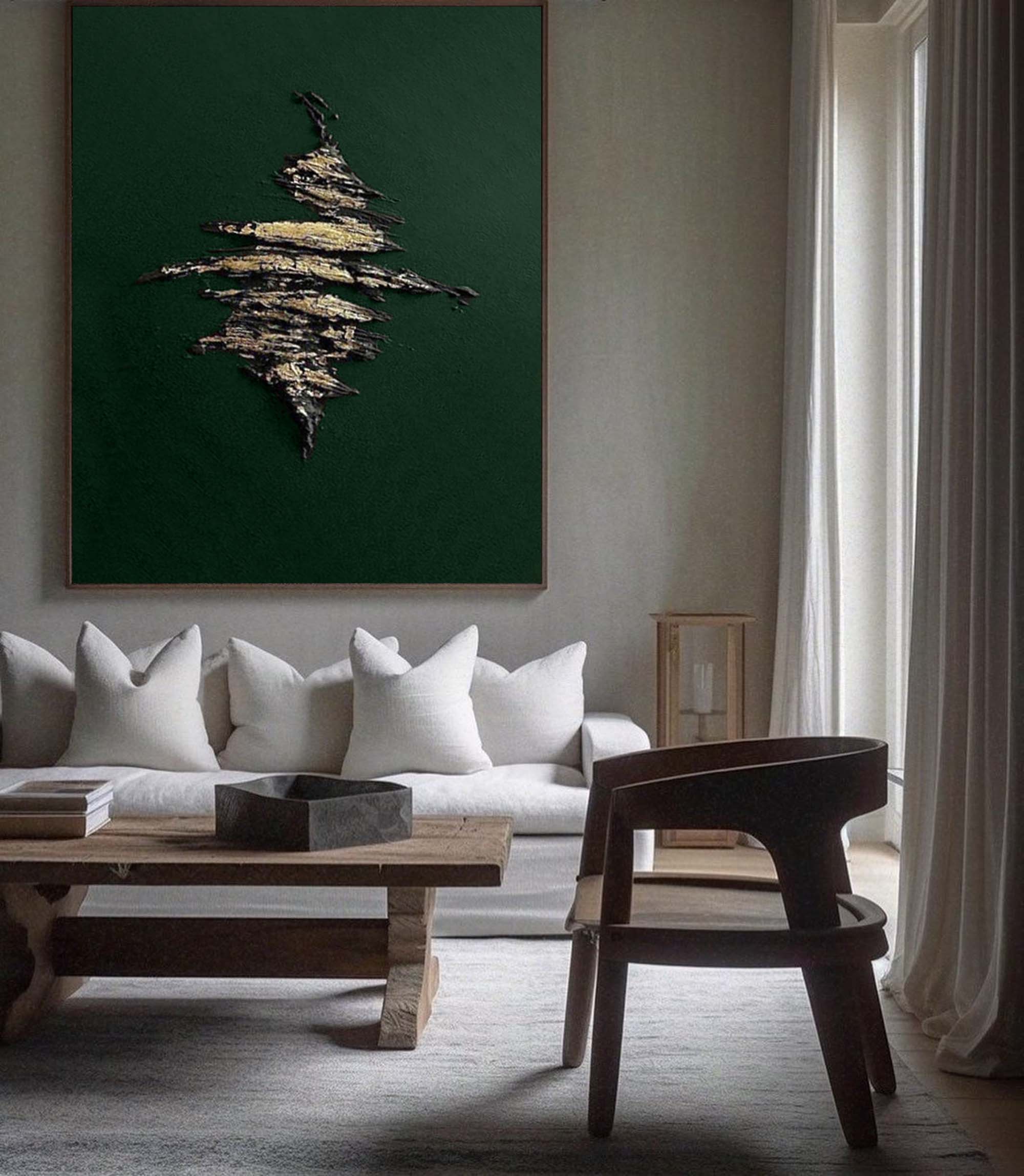 Dark Green Metallic‑Gold Accent Abstract Heavy Raised‑Texture Artwork