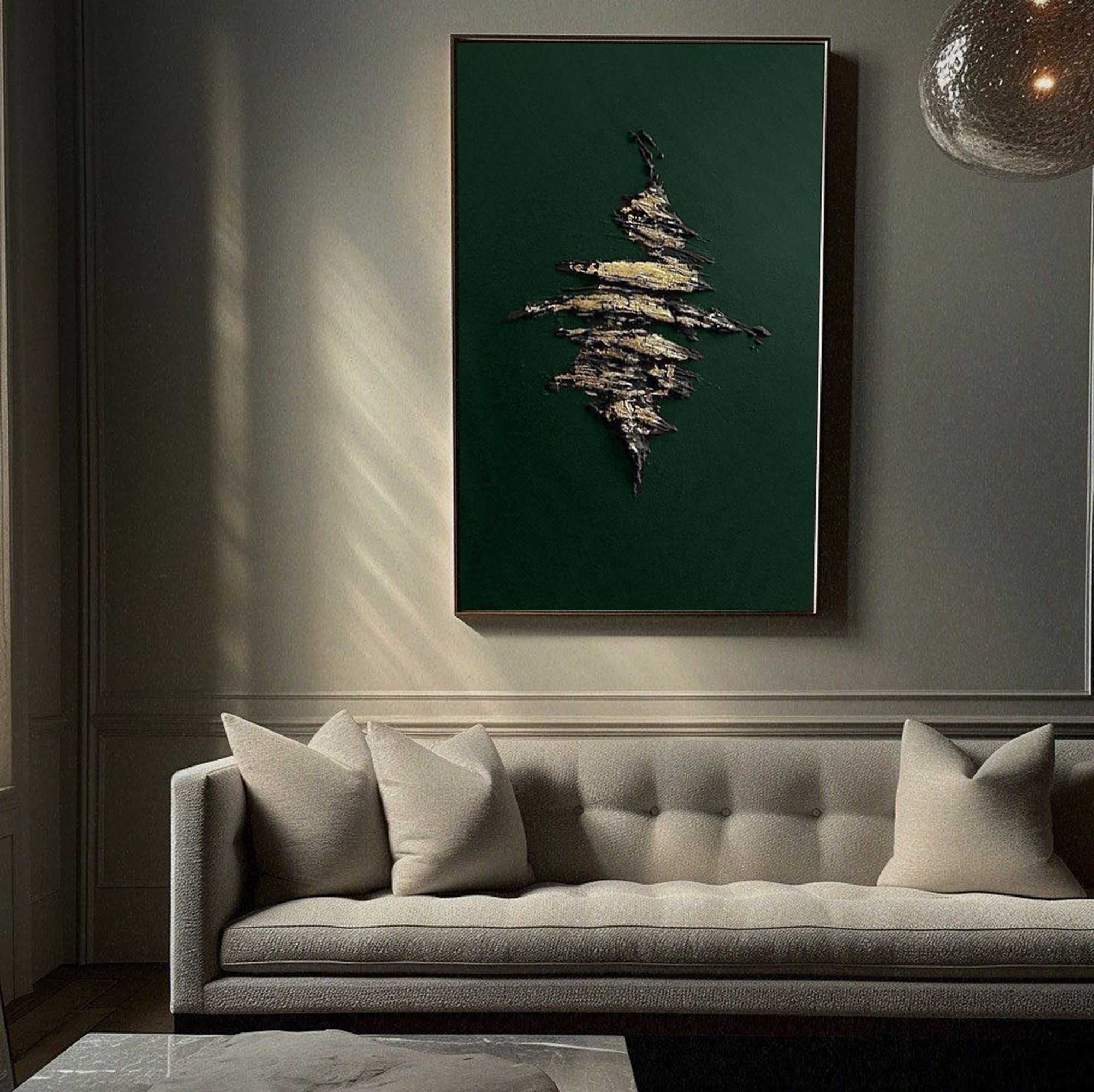 Dark Green Metallic‑Gold Accent Abstract Heavy Raised‑Texture Artwork