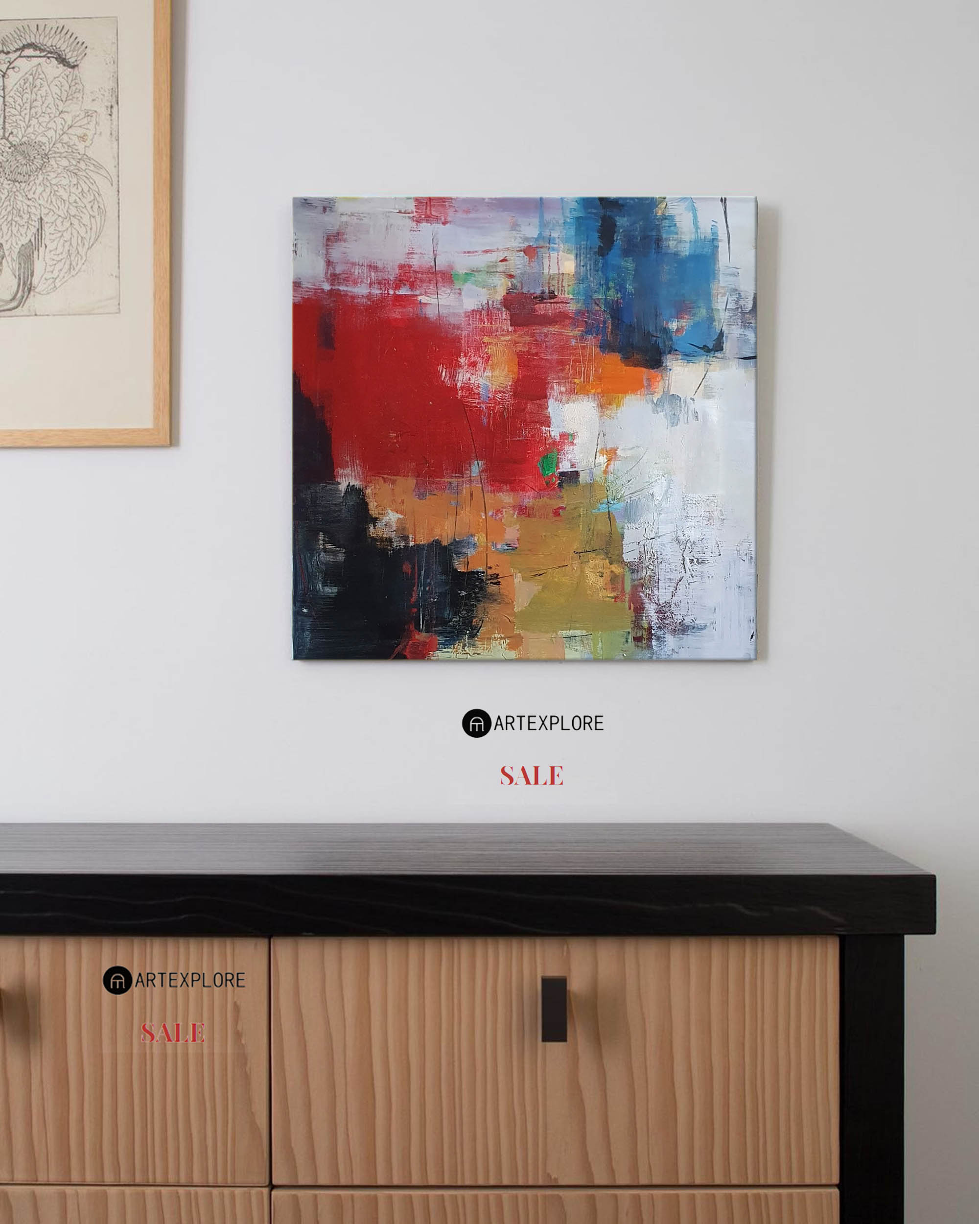 Red Blue Abstract Square Canvas Wall Art