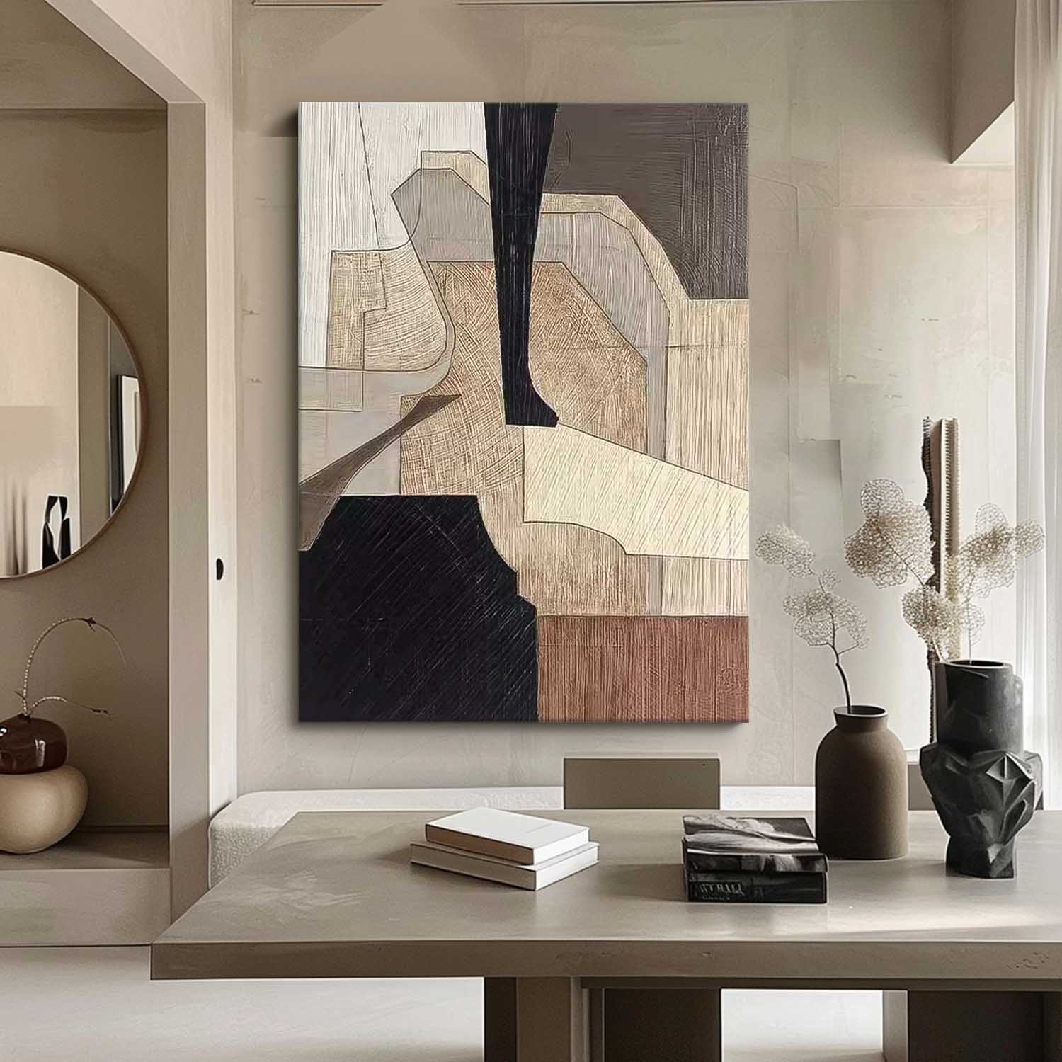 Neutral Brown Cubist Abstract Impasto Canvas Wall