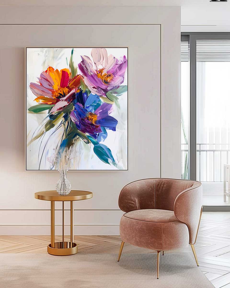 Vibrant Multicolor Floral Bouquet Impasto Canvas Wall Art