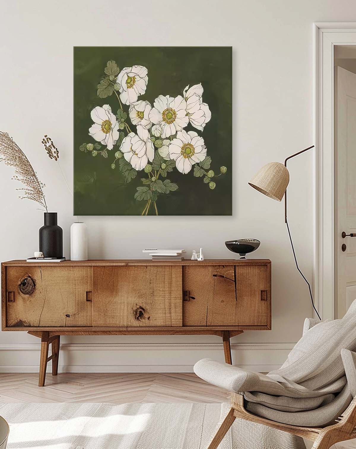 Moody Dark Green White Floral Wall Art