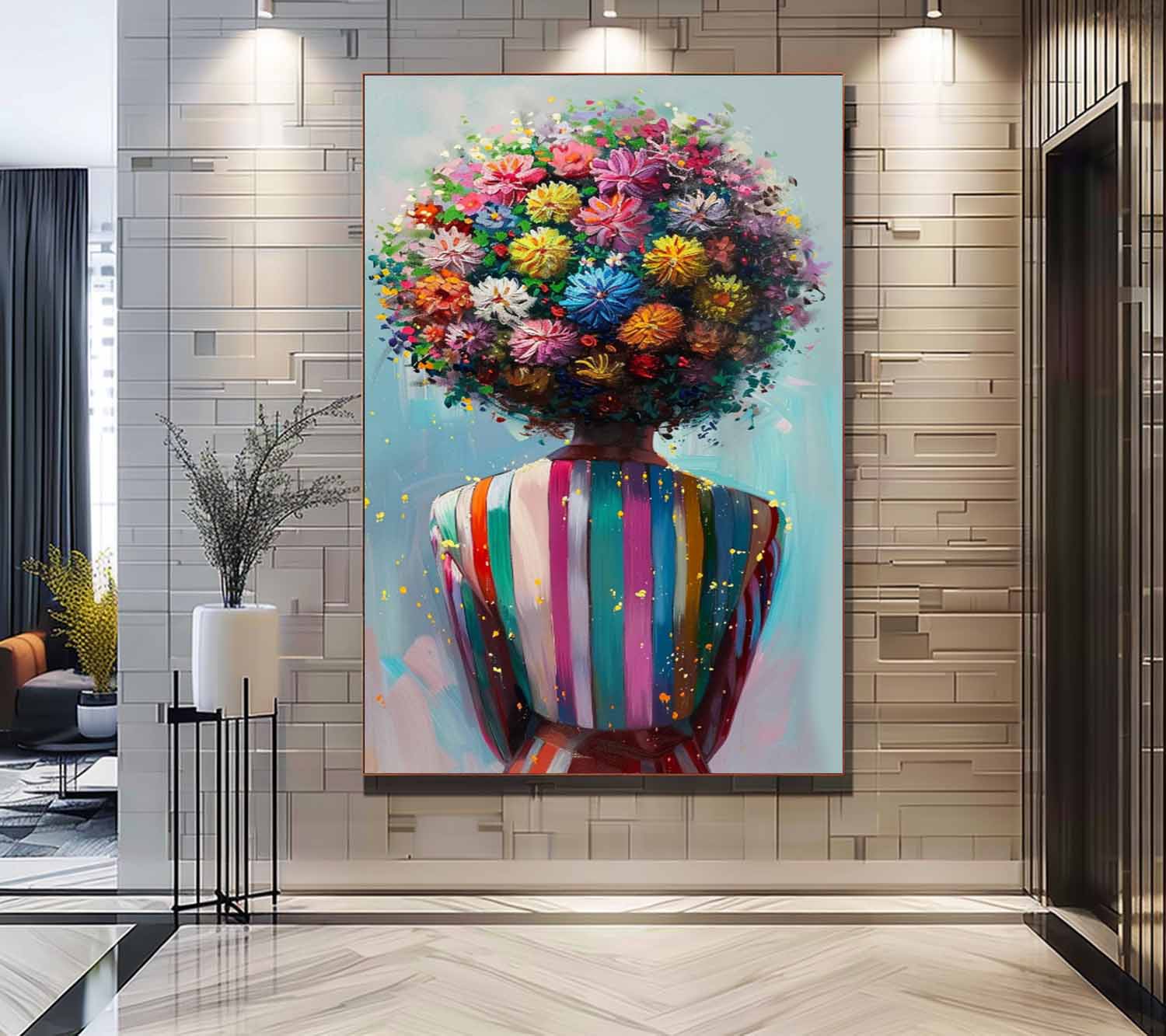 Multihued Blooms Hair Abstract Lady Wall Art