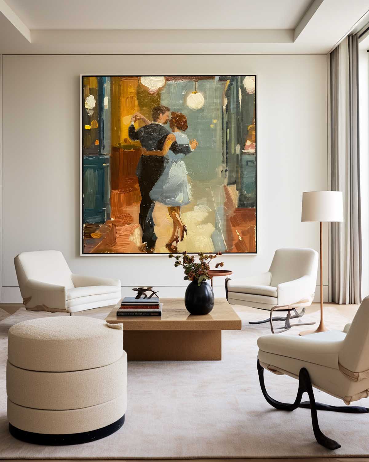 Romantic Dancing Couple Figure Warm‑Tone Vivid Brushstroke Textured Artwork