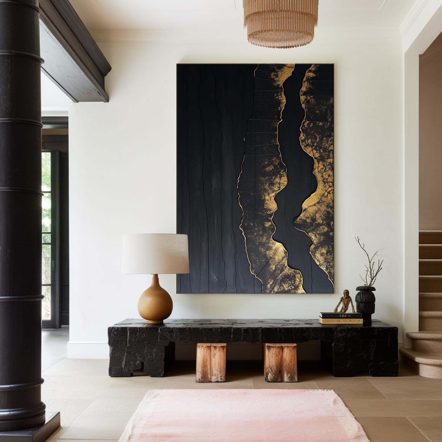 Elegant Black‑Gold Streak Abstract Metallic‑Foil Layered Impasto Textured Artwork