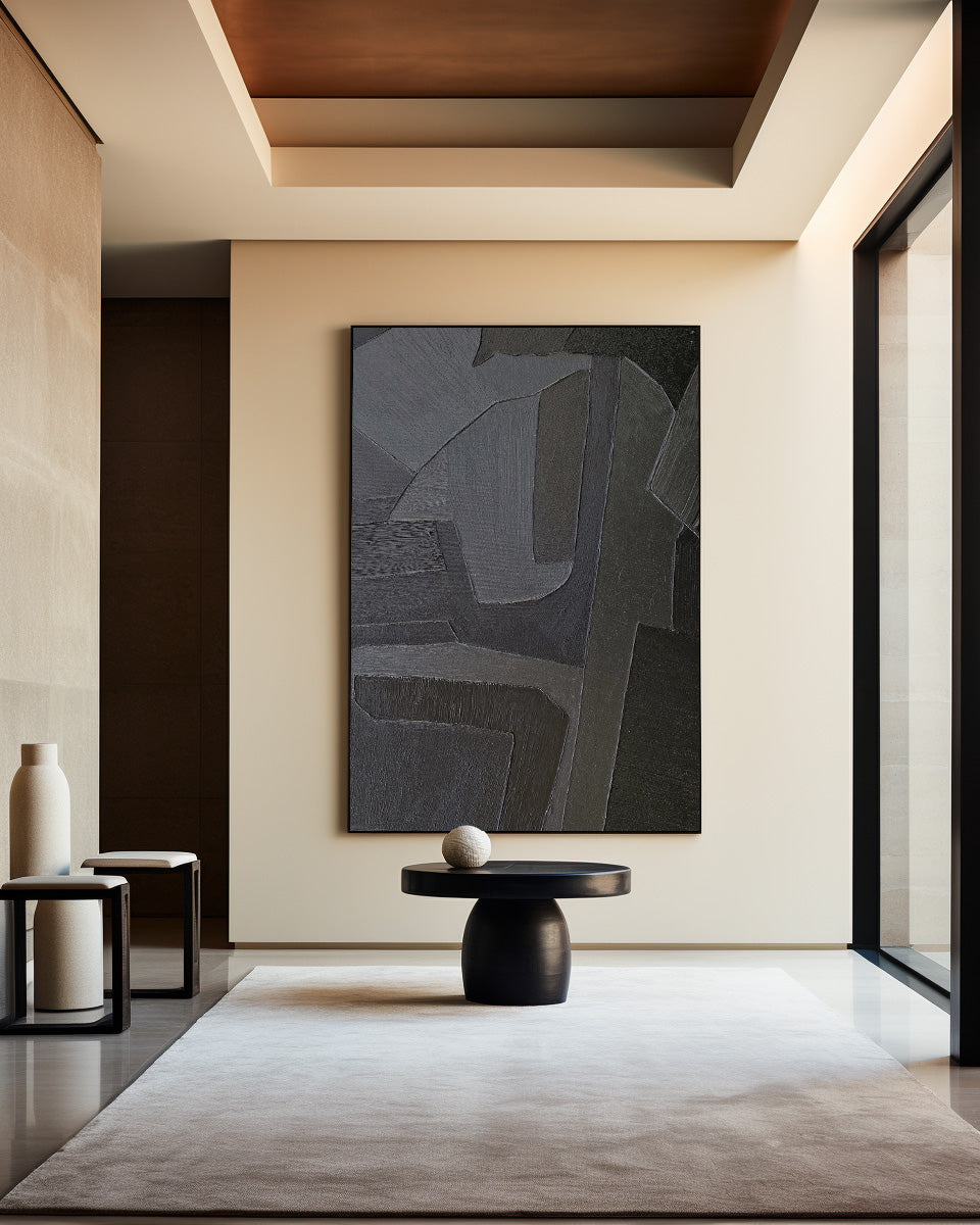 Wall Art Abstract Geometric Dark Charcoal Minimalist Textured Canvas Living Room | Neutralighting